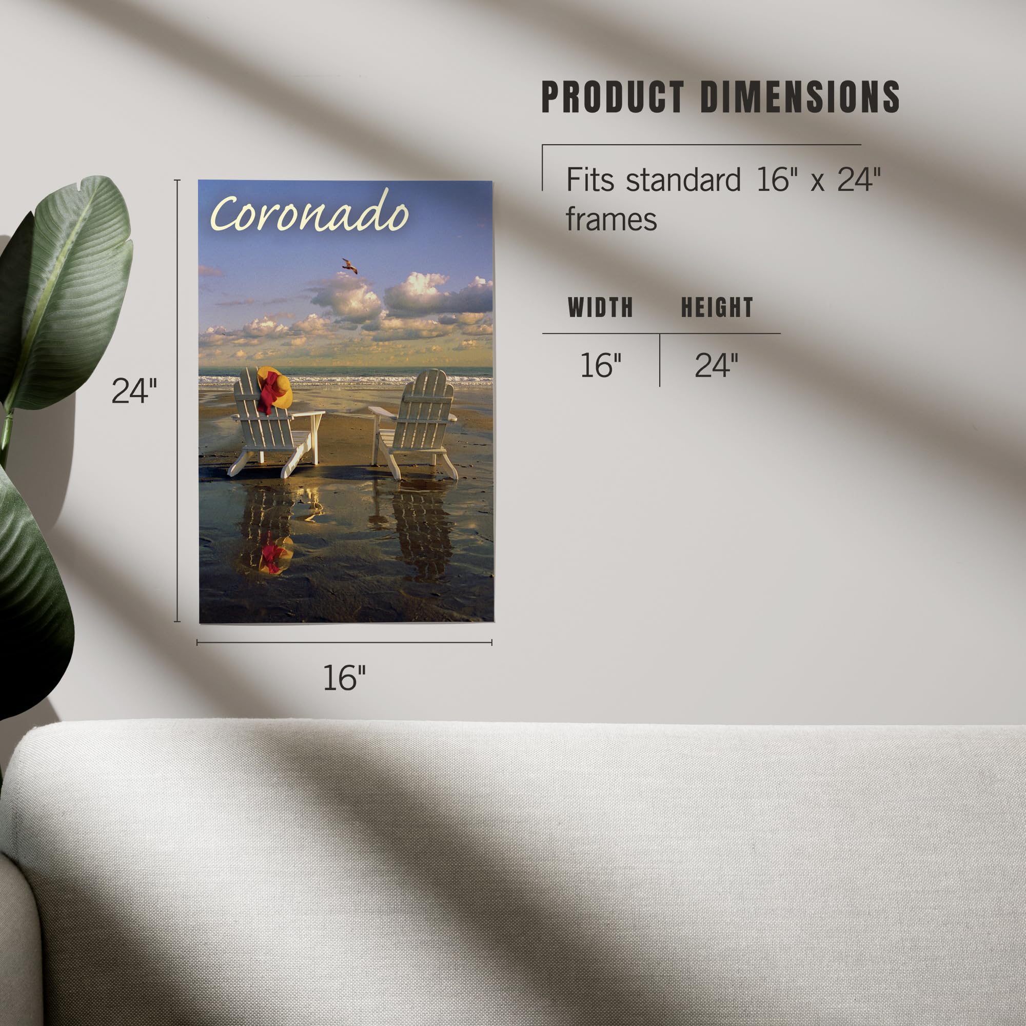 Lantern Press 16x24 Inch Giclee Art Print - Coronado California Beach Scene with Adirondack Chairs - Coastal Wall Decor for Living Room, Bedroom & Office
