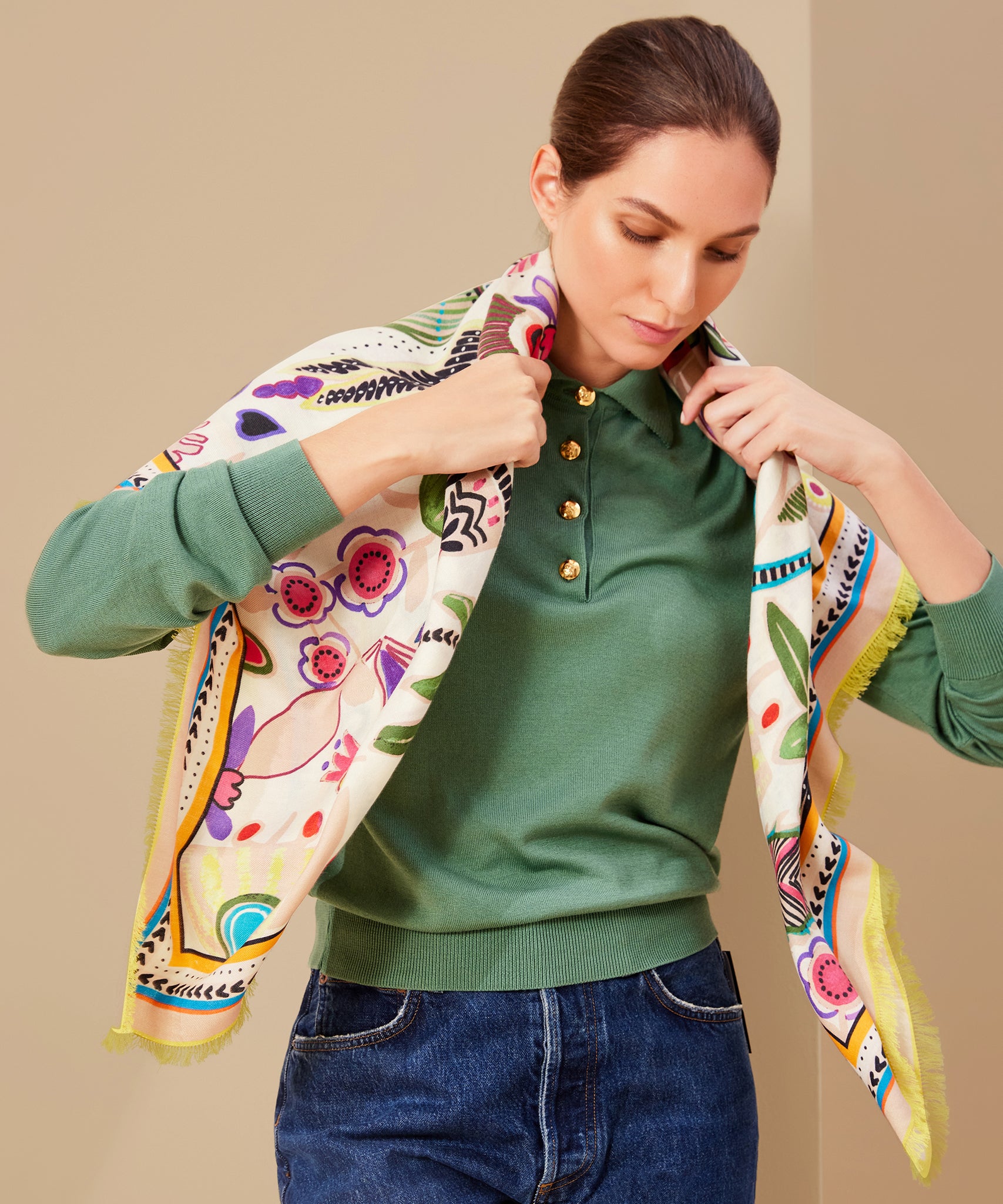 Stylish Folk Floral Oversized Square Scarf - Lightweight Fashion Accessory for Women, Perfect for Spring Outfits, Travel & Boho Chic Looks