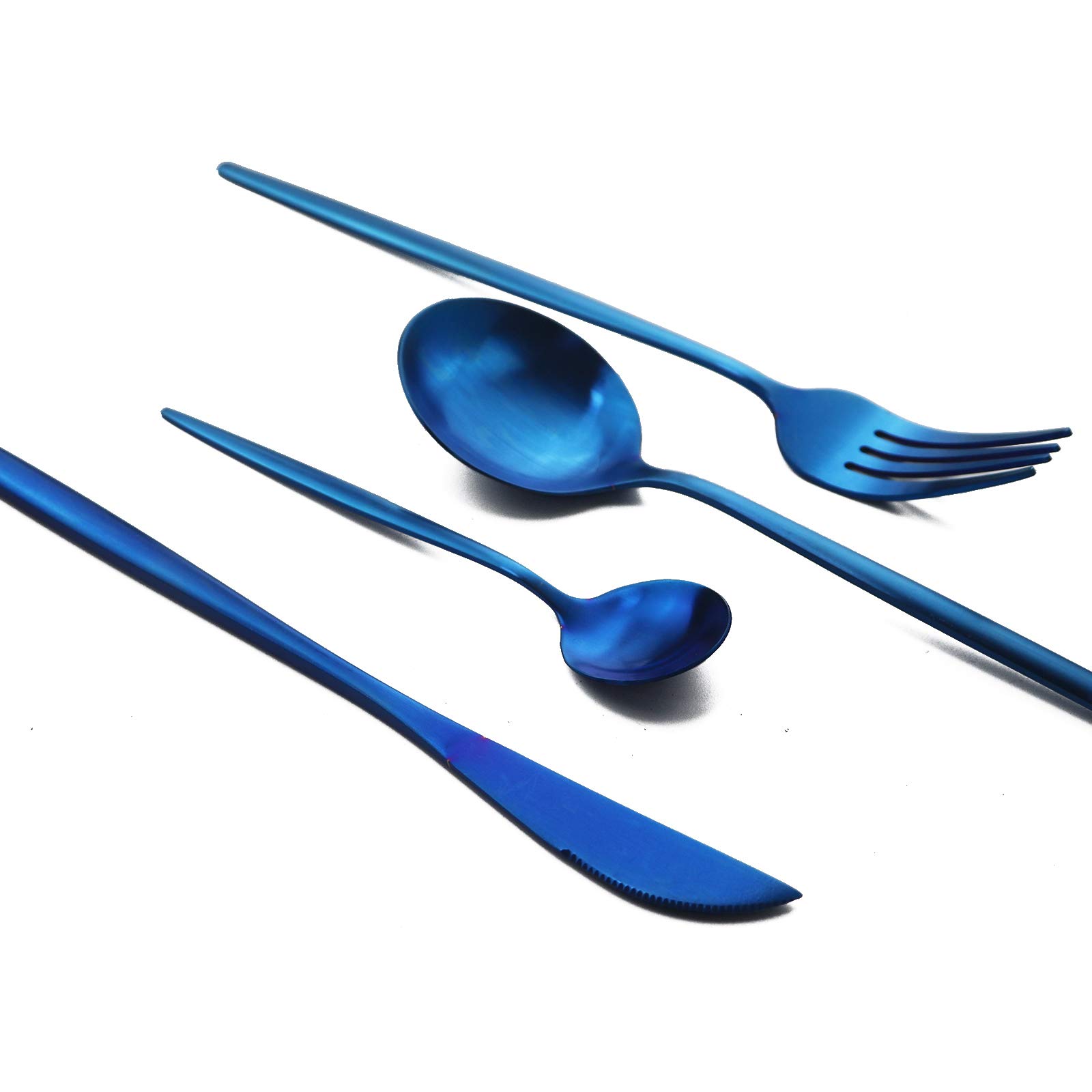 Matte Blue 36-Piece Stainless Steel Flatware Set - Satin Finish Silverware with Flat Handle, Service for 6 (Includes Coffee Spoon) - Elegant Dining Utensils for Restaurants, Weddings & Dinner Parties
