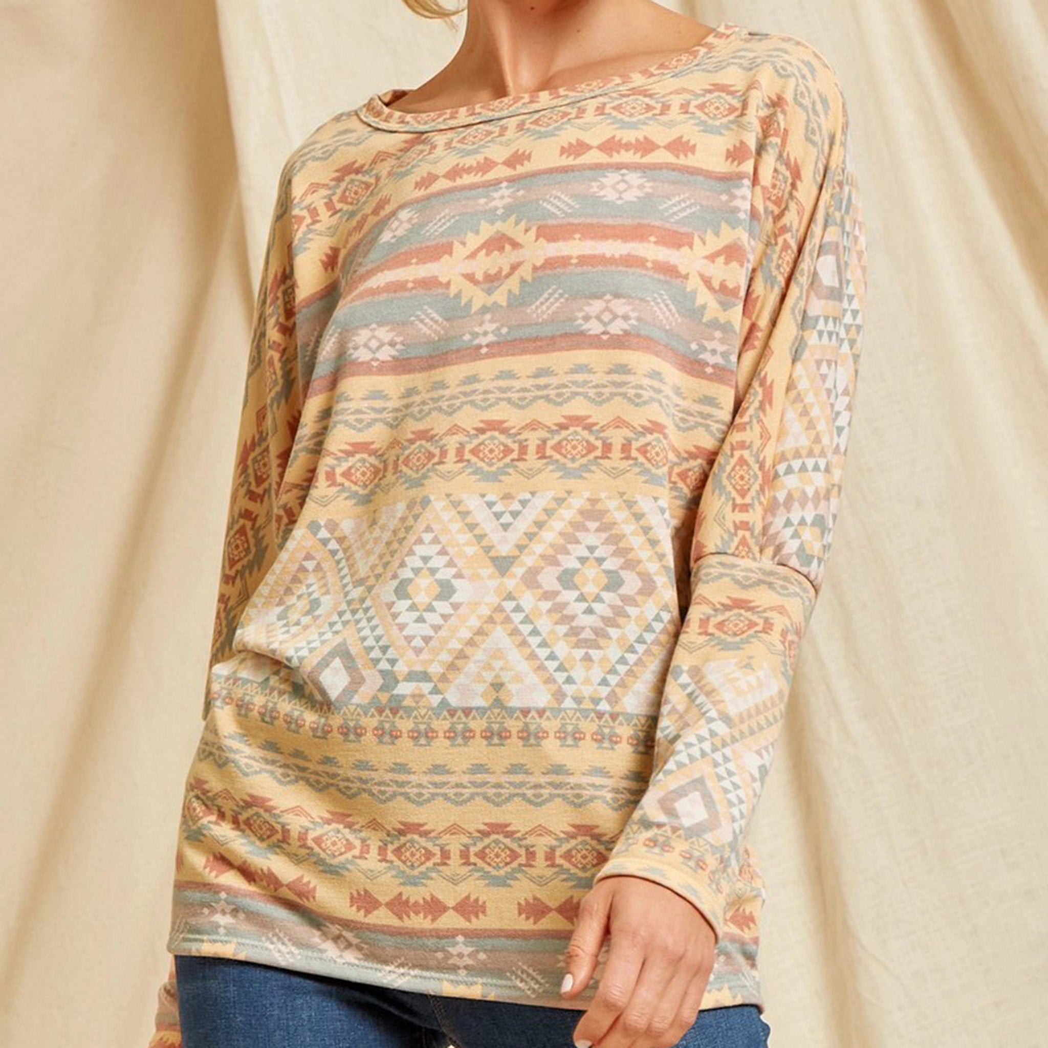 Andree Unit Women's Marigold and Blue Aztec Print Blouse - Stylish Boho Chic Tunic Top for Casual Wear, Beach Outfits & Summer Vacations