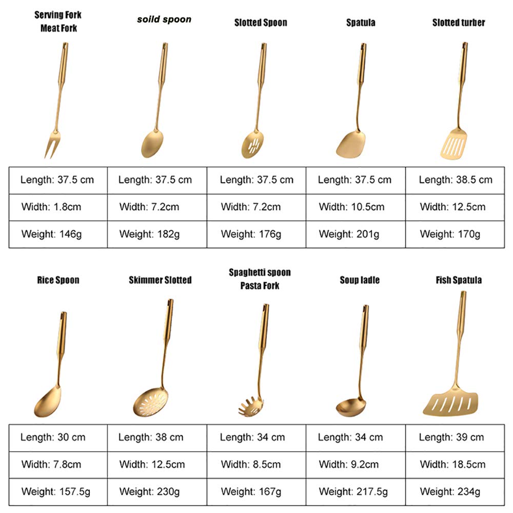 Premium 18/8 Stainless Steel Kitchen Utensil Set - 10 Piece Gold Cooking Tools with Long Handles for Sauteing, Frying & Baking - Dishwasher Safe Non-Slip Kitchenware Gift Set