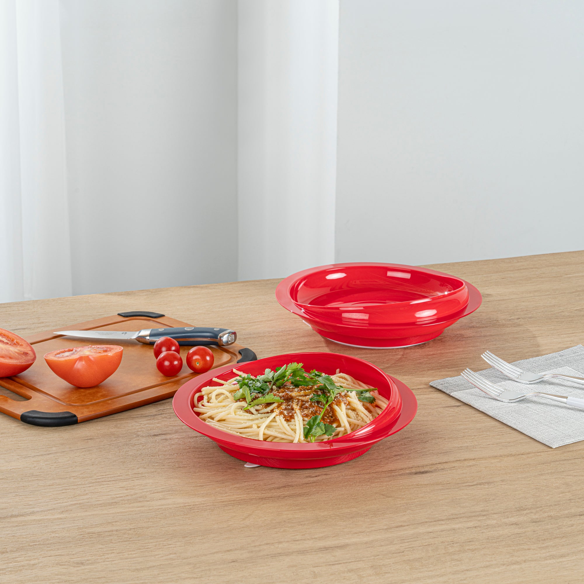 Adapt Tek Round Red Plastic Scoop Plate - Spillproof with Suction Base, 9 x 9 x 2.25 Inches, 1 Count - Perfect for Baby Feeding, Toddler Mealtime & Special Needs Dining