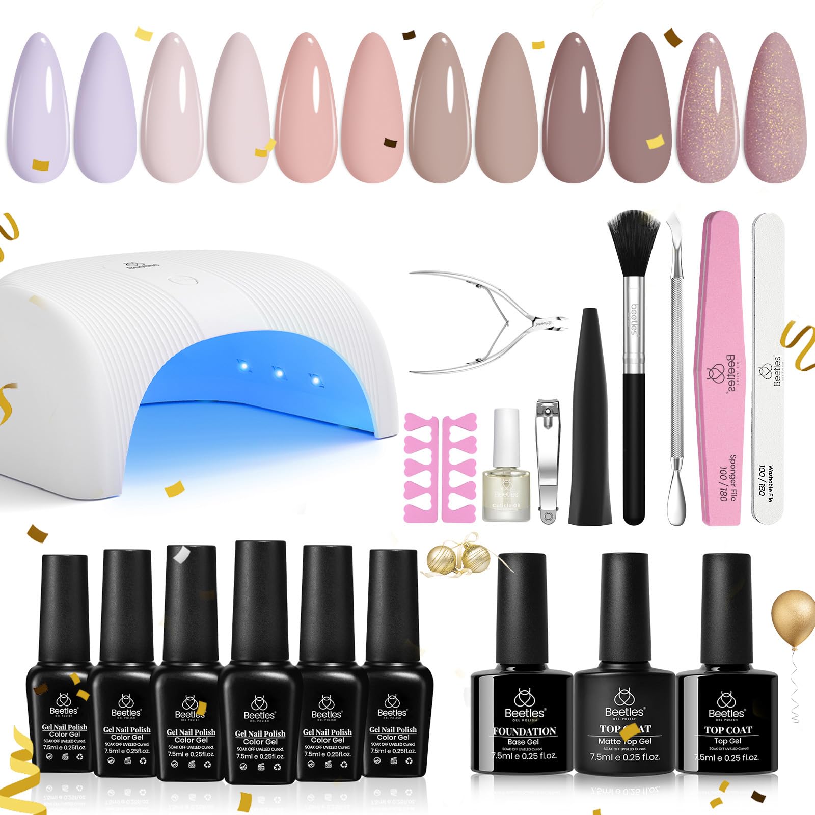 Beetles 6-in-1 Gel Nail Polish Kit with UV/LED Lamp - Nude Neutral Colors, Base & Top Coat - DIY Soak Off Manicure Set for Home & Salon Use - Perfect Gift for Women & Girls