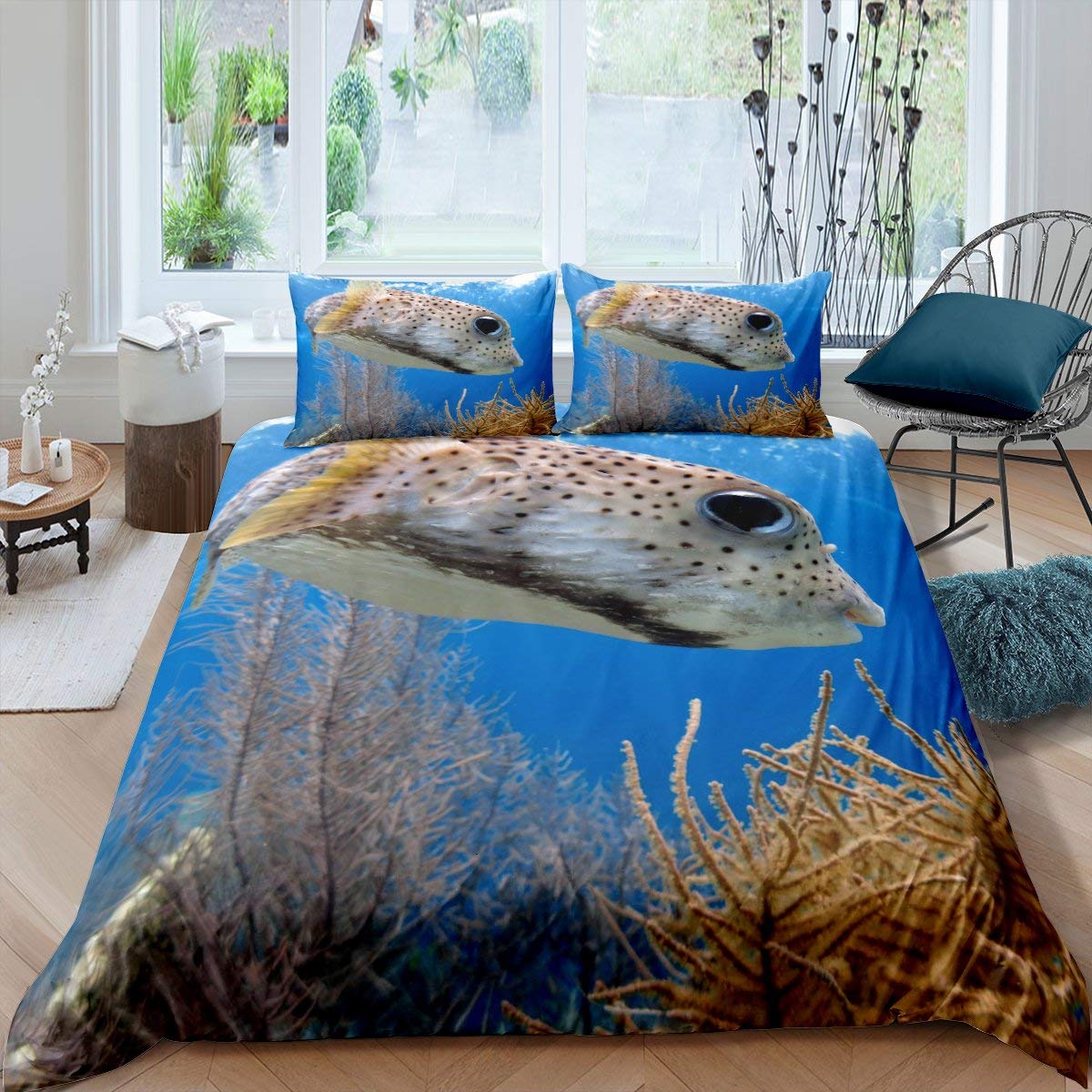 Feelyou Puffer Fish Comforter Cover Set - Ocean Themed Twin Size Duvet Cover with Marine Life Print, 2-Piece Kids Bedding Set for Boys & Girls | Perfect for Beach-Themed Bedrooms & Underwater Decor