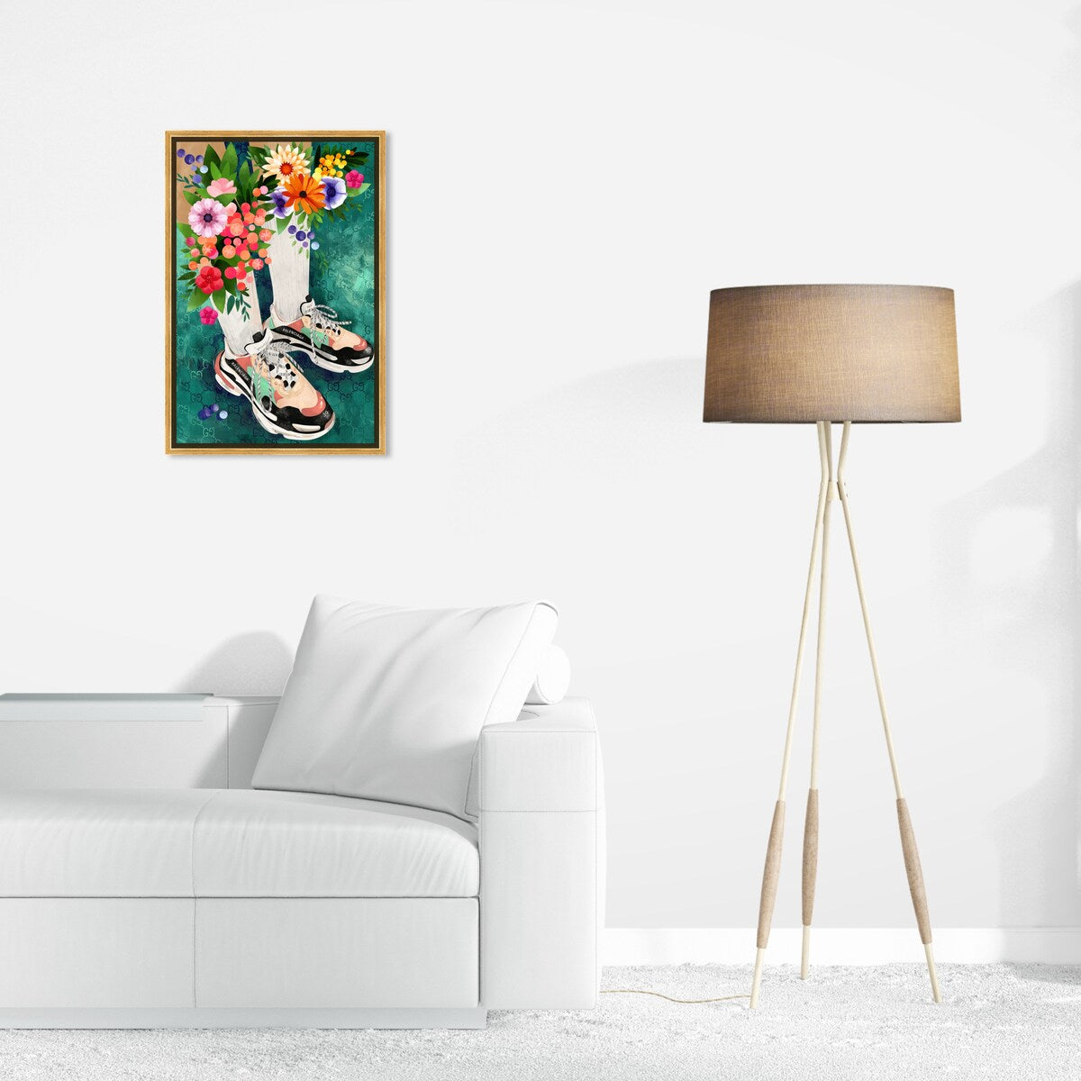 Stylish Floral Sneakers & Socks Set with Modern Green Framed Canvas Wall Art - Perfect for Bedroom Decor and Fashion Outfits | Home & Fashion Combo