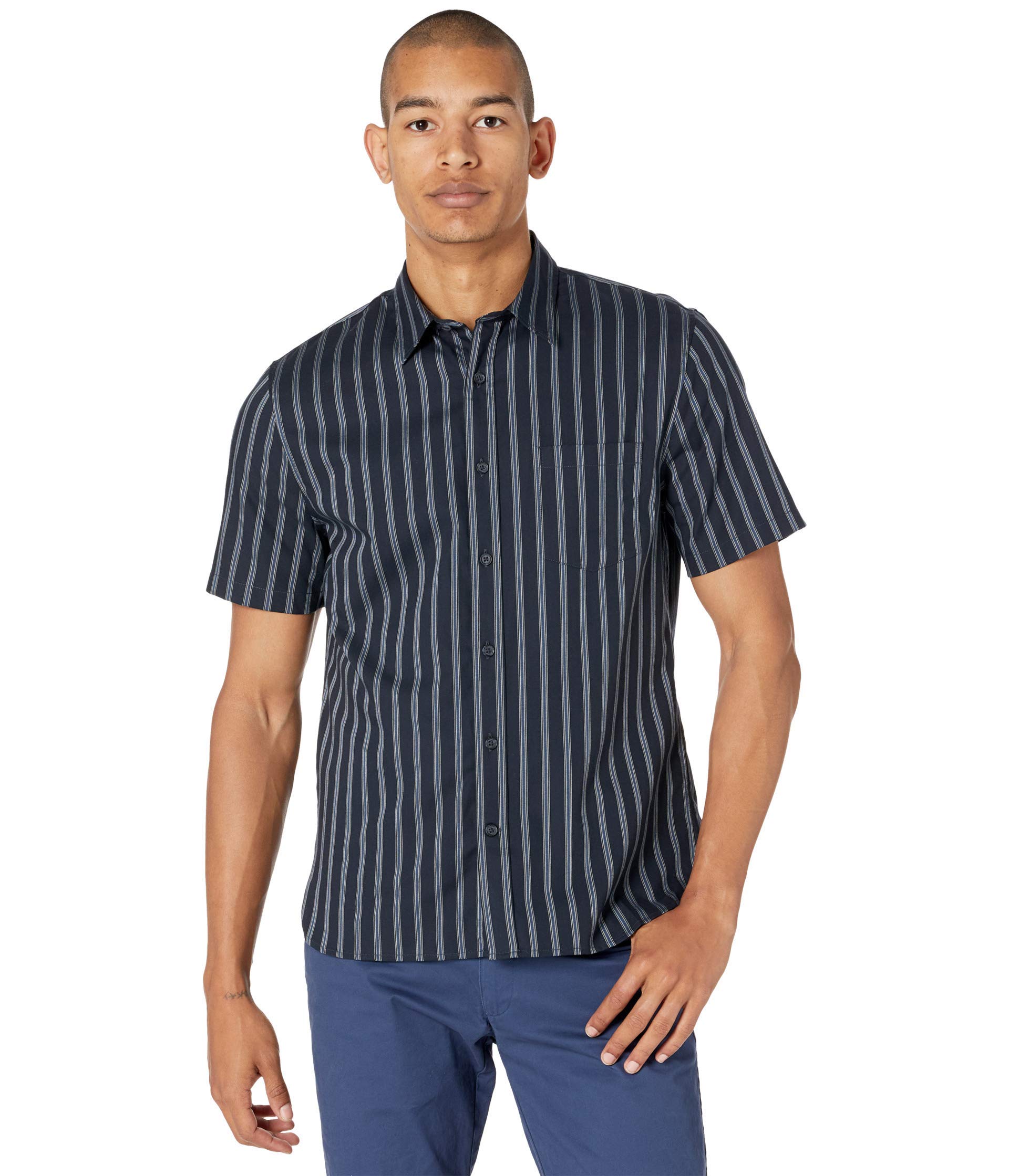 Vince Men's Variegated Bar Stripe Short Sleeve Shirt - Casual Summer Button Down Top for Work, Travel & Outdoor Activities