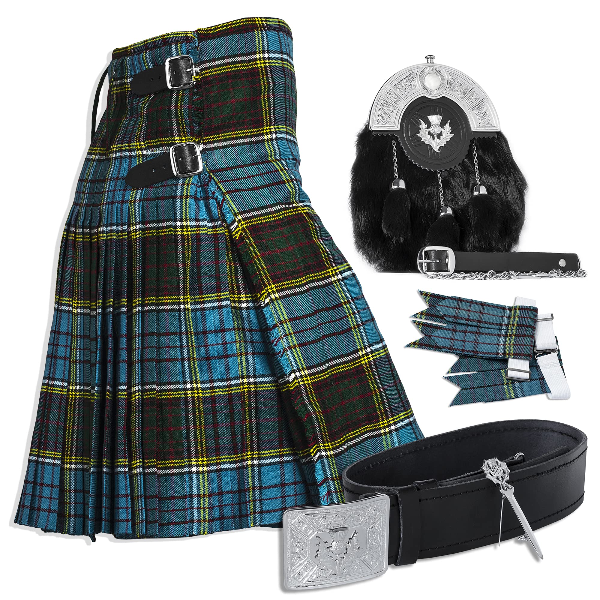 Men's Utility Kilt with 6-Piece Irish Kilt Accessories Set | Traditional Scottish Kilt for Men | Perfect for Highland Games, Renaissance Fairs & Celtic Weddings