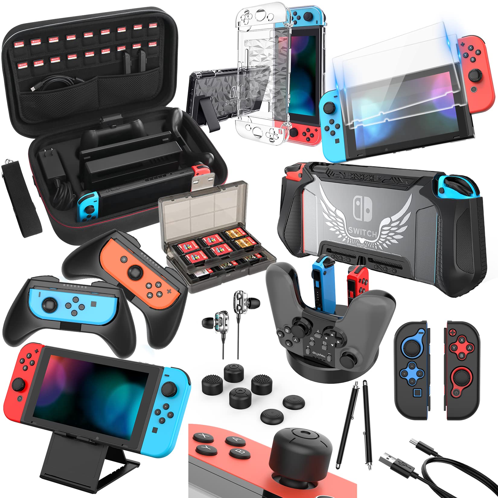 HEYSTOP 28-in-1 Nintendo Switch Accessories Bundle - Includes Carrying Case, JoyCon Charging Dock, Grip, Game Steering Wheel, Protective Case, Screen Protector & Caps (Black) - Perfect for Travel, Gaming Parties & Switch Protection