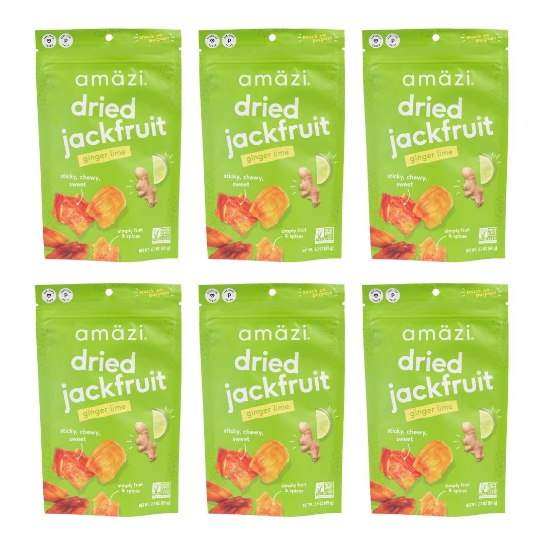 Amäzi Foods | Ginger Lime Dried Jackfruit (6 Pack) | All Natural, Gluten Free Healthy Dried Fruit Snacks | Vegan, Paleo & Keto Friendly | Perfect for On-the-Go, Hiking & Office Snacking