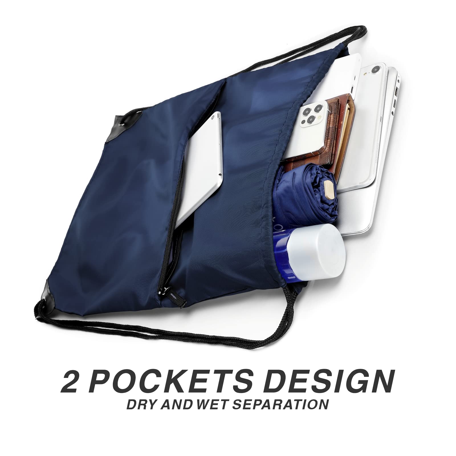 210D Nylon Foldable Drawstring Backpack with Zipper Side Pocket - Lightweight Sports Gym Tote Bag for Men & Women (Navy Blue) - Perfect for Workouts, Travel, and Everyday Use