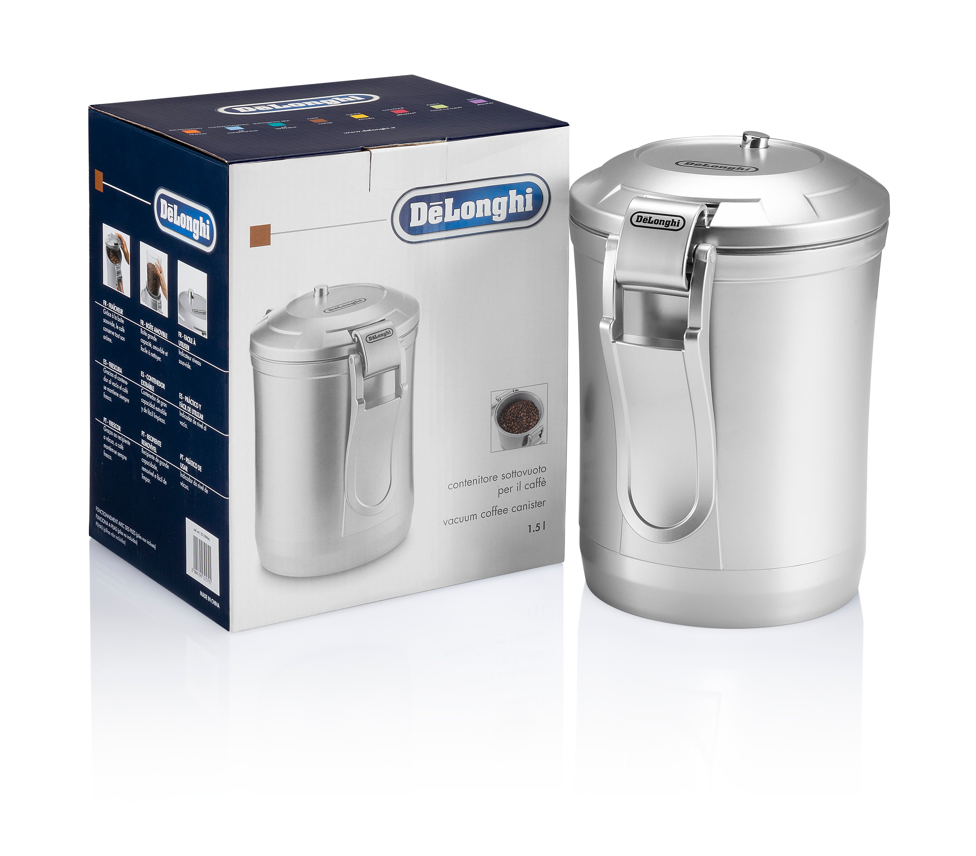 De'Longhi DLSC068 Vacuum Coffee Storage Canister - Airtight Container for Fresh Coffee Beans & Grounds - Ideal for Home, Office & Travel Use