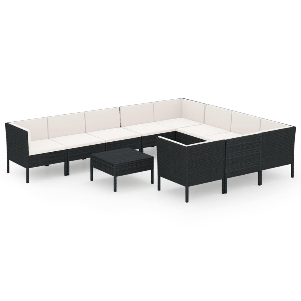 vidaXL 11-Piece Patio Lounge Set with Cushions - Black Poly Rattan Outdoor Furniture for Garden, Terrace, Poolside & Backyard Relaxation
