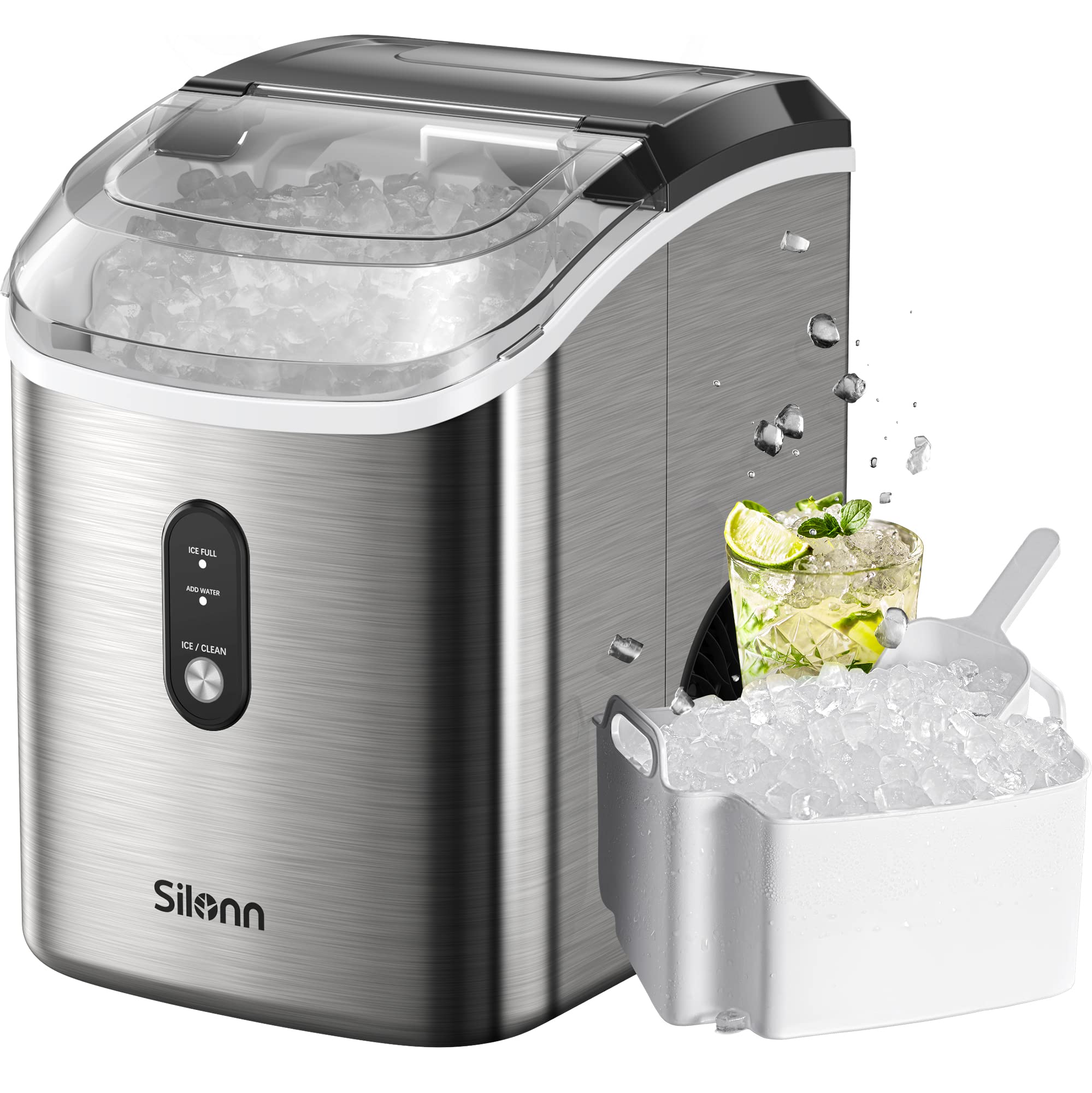 Silonn Countertop Nugget Ice Maker - 33lbs/24H Chewable Pellet Ice Machine with Self-Cleaning Function, Stainless Steel Portable Ice Maker for Home, Kitchen, Office | Perfect for Cocktails, Sodas, and Beverage Stations