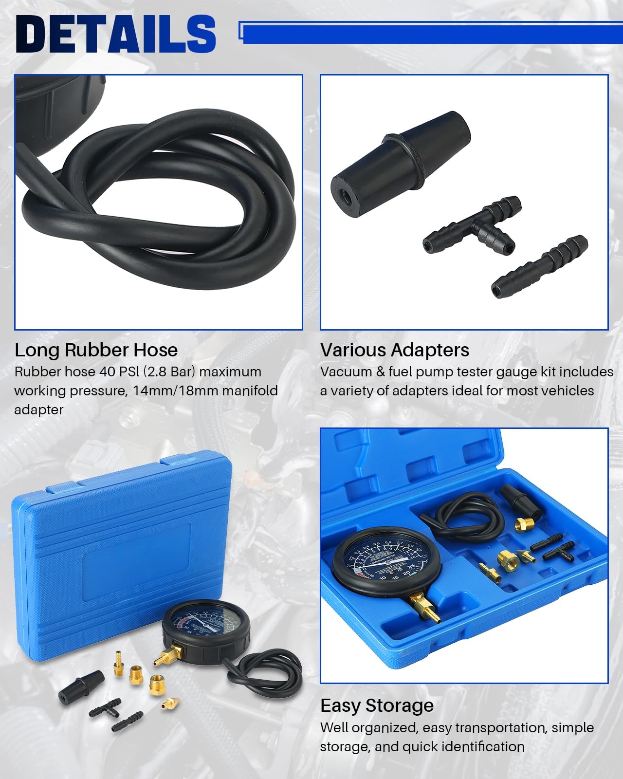 DASBET Professional Car Vacuum Tester & Fuel Pump Pressure Gauge Kit - Automotive Diagnostic Tool for Carburetor Leak Testing, Engine Performance Analysis - Perfect for Mechanics, DIY Auto Repair & Vehicle Maintenance
