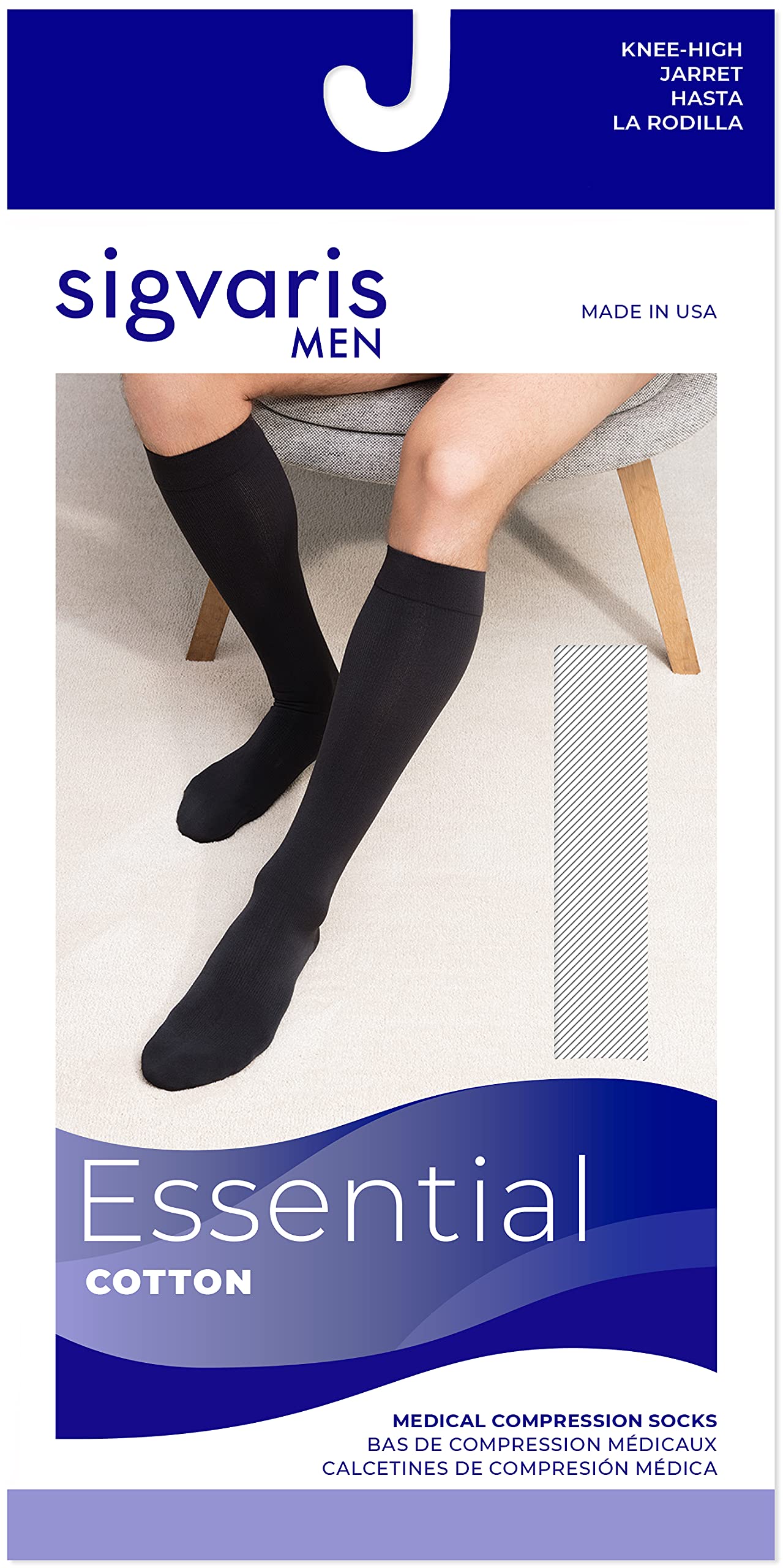 SIGVARIS Men's Essential Cotton 20-30mmHg Compression Socks - Calf High, Closed Toe, Light Beige, Medium Short - Ideal for Circulation Support, Travel & Recovery