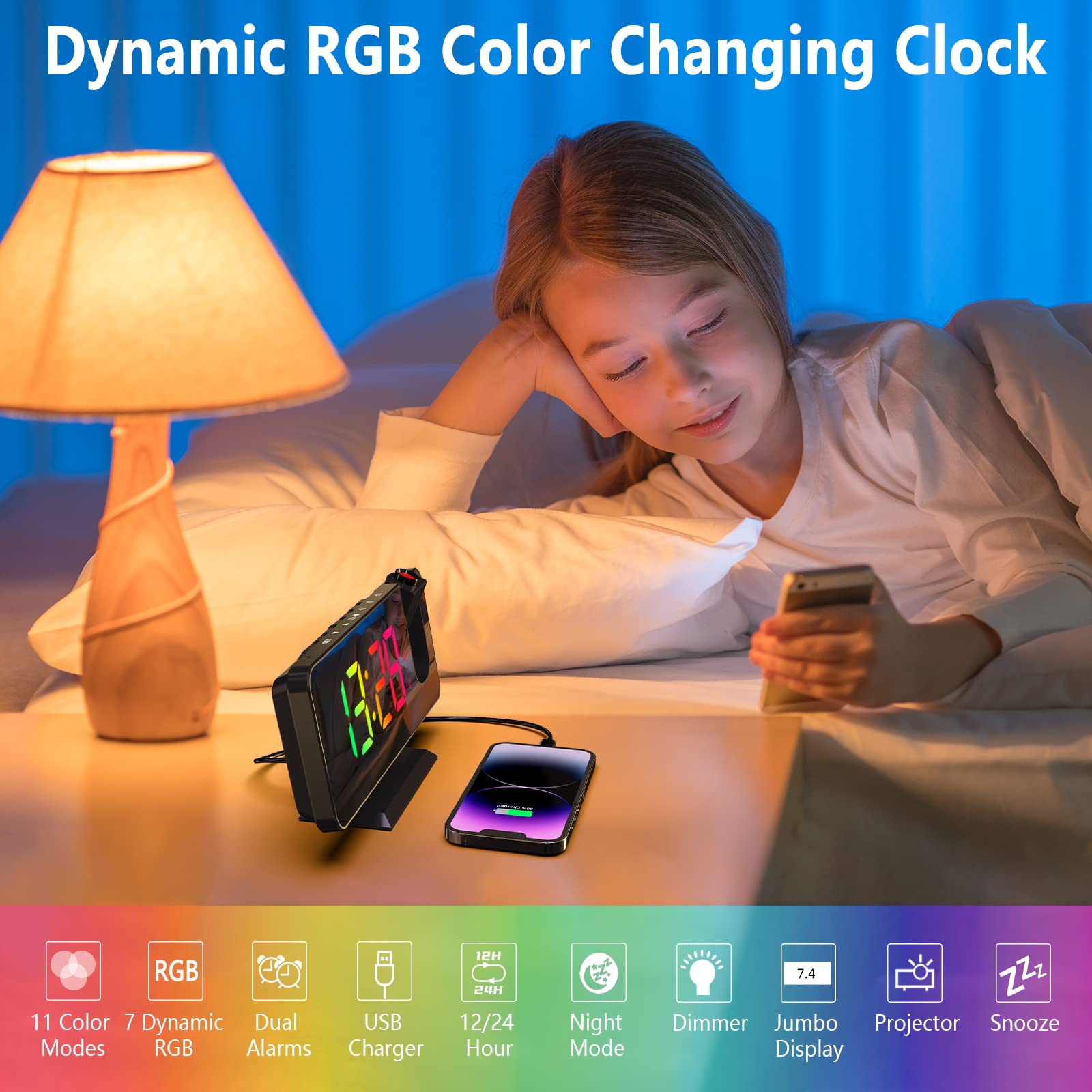 180° Rotatable Projection Alarm Clock with 7.4