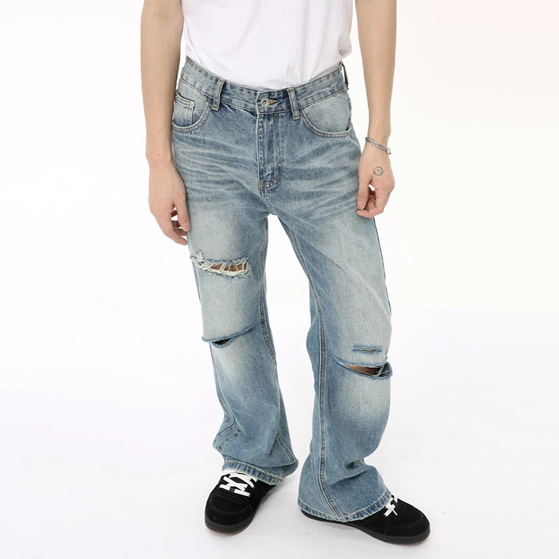 Stylish American Men's Denim Pants - Distressed Hole Design, Wide Leg & Straight Fit Casual Jeans for Men | Solid Color Chic Male Bottoms (9C6608) | Perfect for Streetwear, Everyday Fashion & Urban Outfits