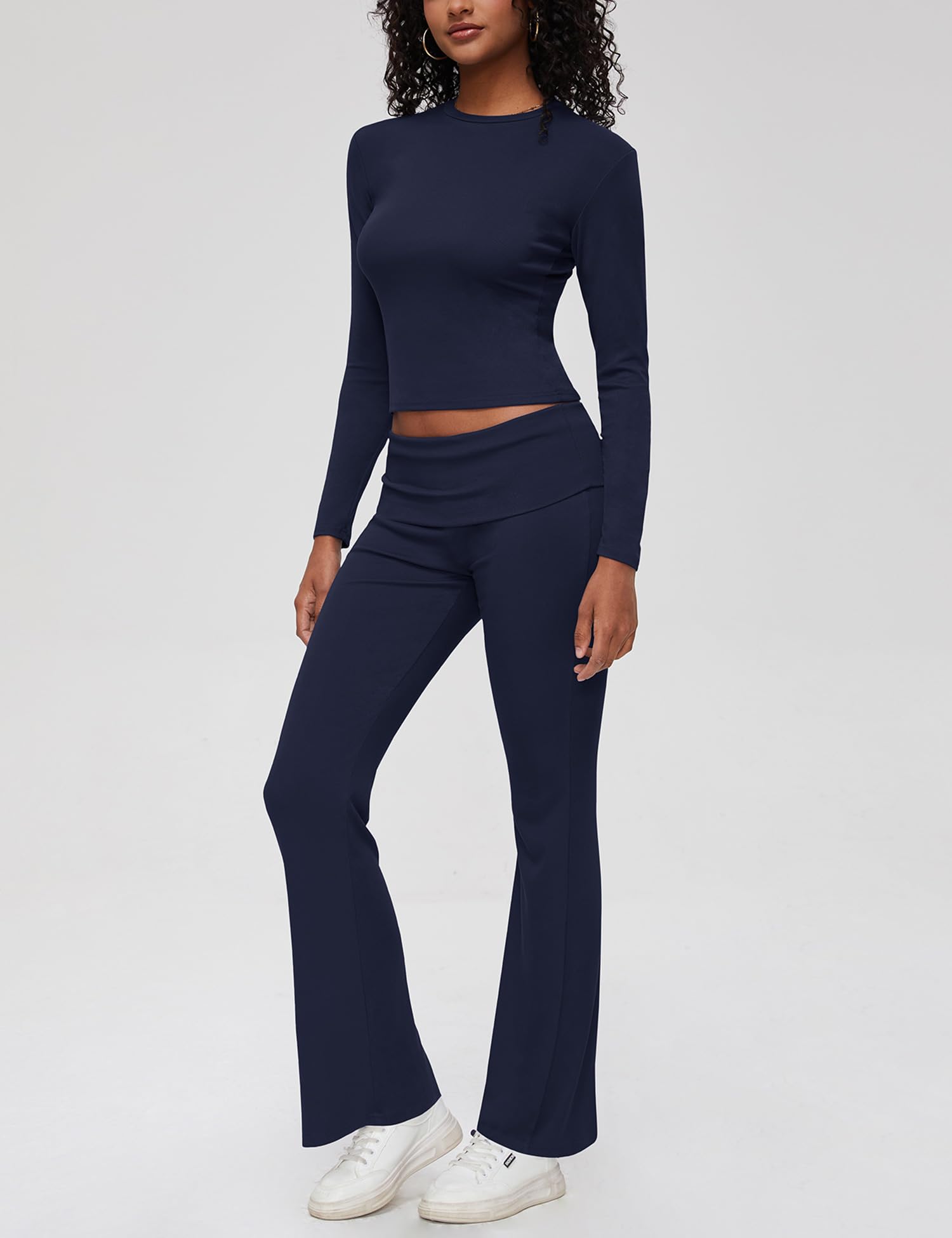 ZENWEI Women's 2-Piece Lounge Set - Long Sleeve Yoga Cropped Top & Fold-Over Flare Pants Tracksuit Outfit | Comfortable Matching Pajama Set for Home, Yoga, Sleep & Relaxation