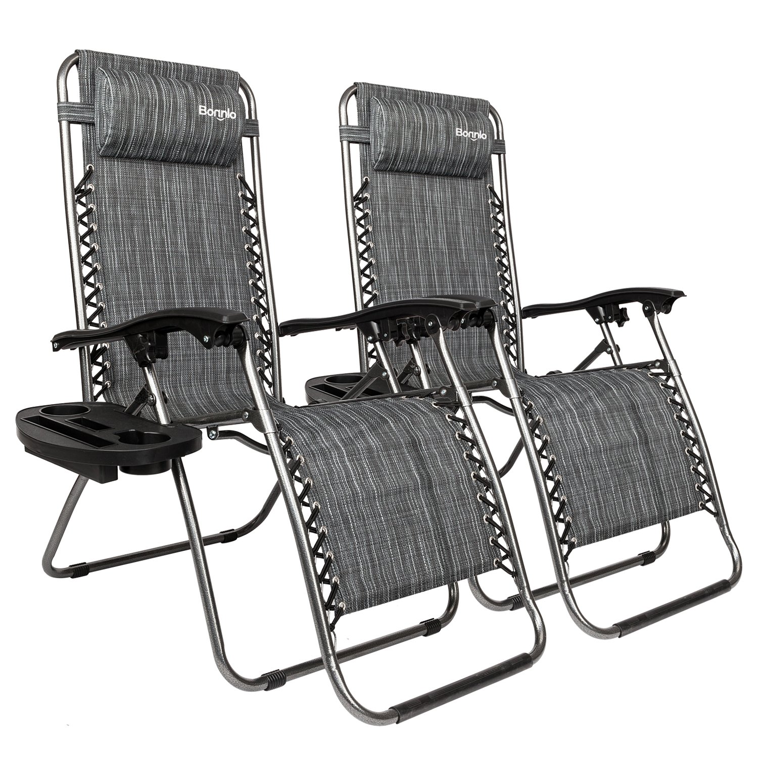 Bonnlo Zero Gravity Chair Set of 2 - Adjustable Outdoor Lounge Chairs with Comfortable Pillow & Cup Holder - Patio, Lawn, Deck, Beach, Backyard Recliners for Relaxing, Sunbathing & Camping