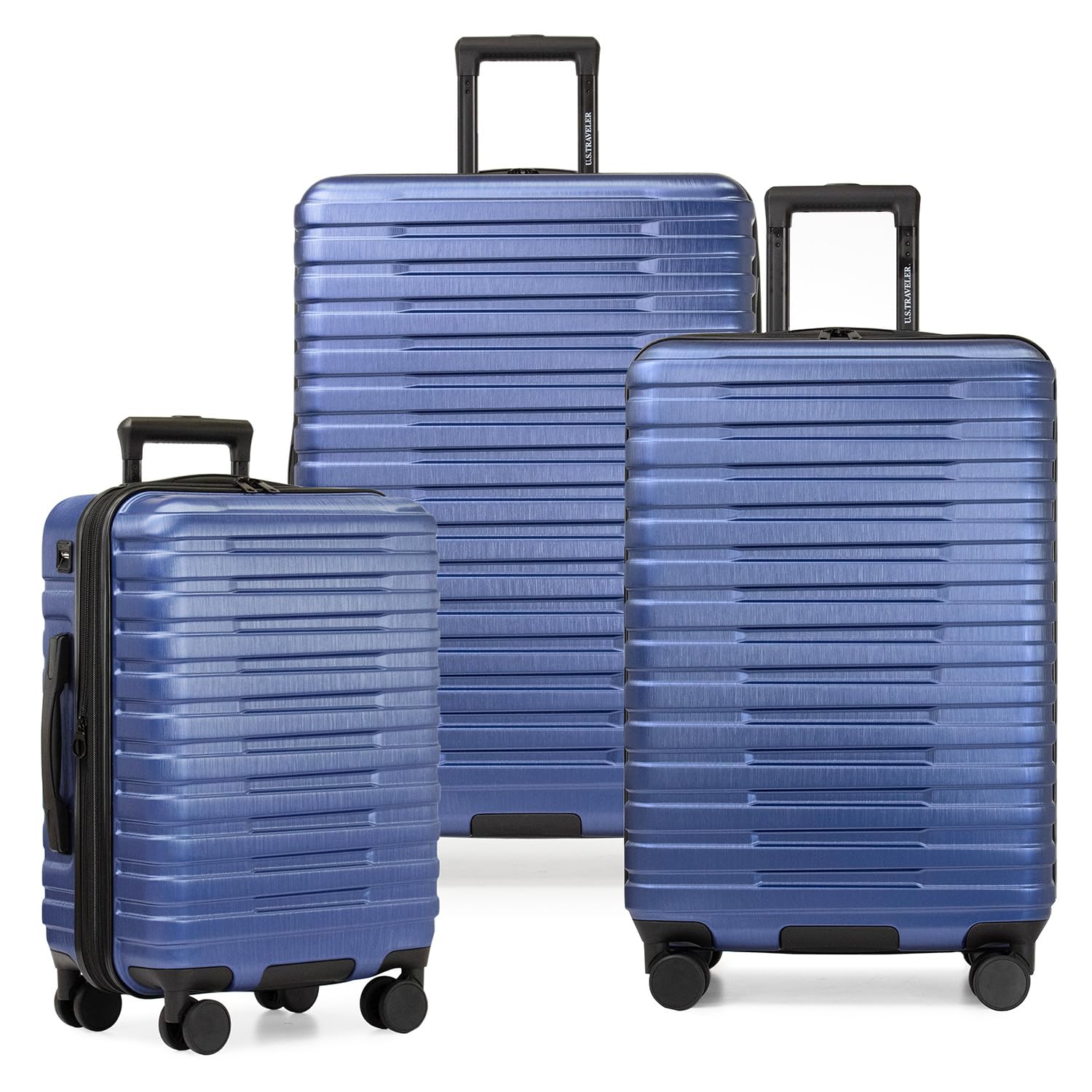 U.S. Traveler Boren Polycarbonate Hardside Spinner Luggage Set - 3-Piece Durable Suitcase with 8 Silent Wheels, Aluminum Telescopic Handle & USB Charging Port (Navy) - Perfect for Business Trips, Family Vacations & International Travel