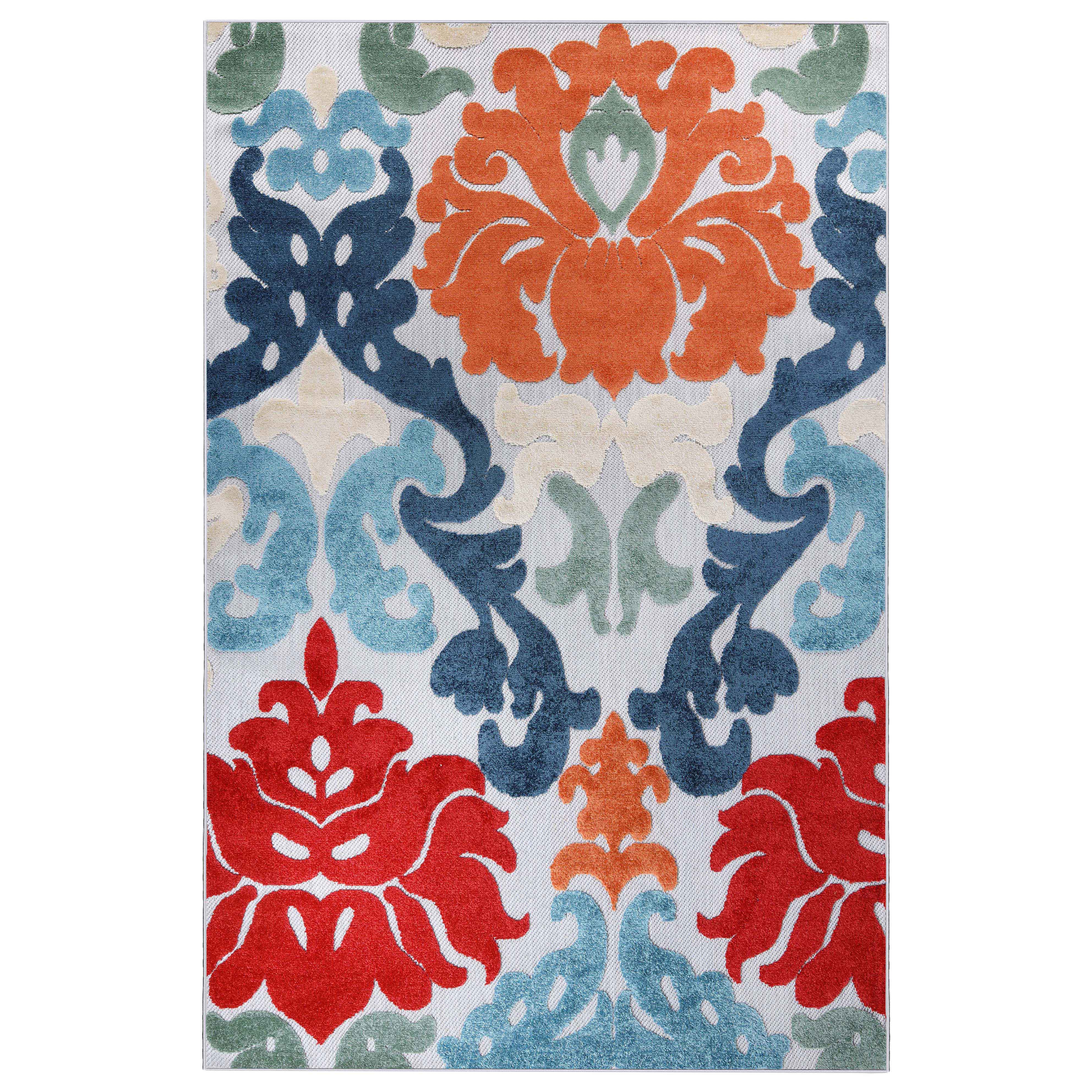 Lowell Traditional Damask Indoor/Outdoor Area Rug - Non-Slip, Water-Resistant - Perfect for Living Room, Patio, Deck & High-Traffic Areas