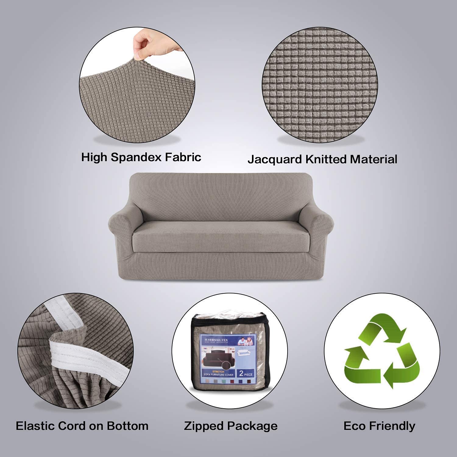 H.VERSAILTEX Stretch Sofa Covers for 3 Cushion Couch - 2 Piece Spandex Slipcover Set for Loveseat & Chair, Taupe - Perfect for Living Room, Apartment & Pet-Friendly Furniture Protection