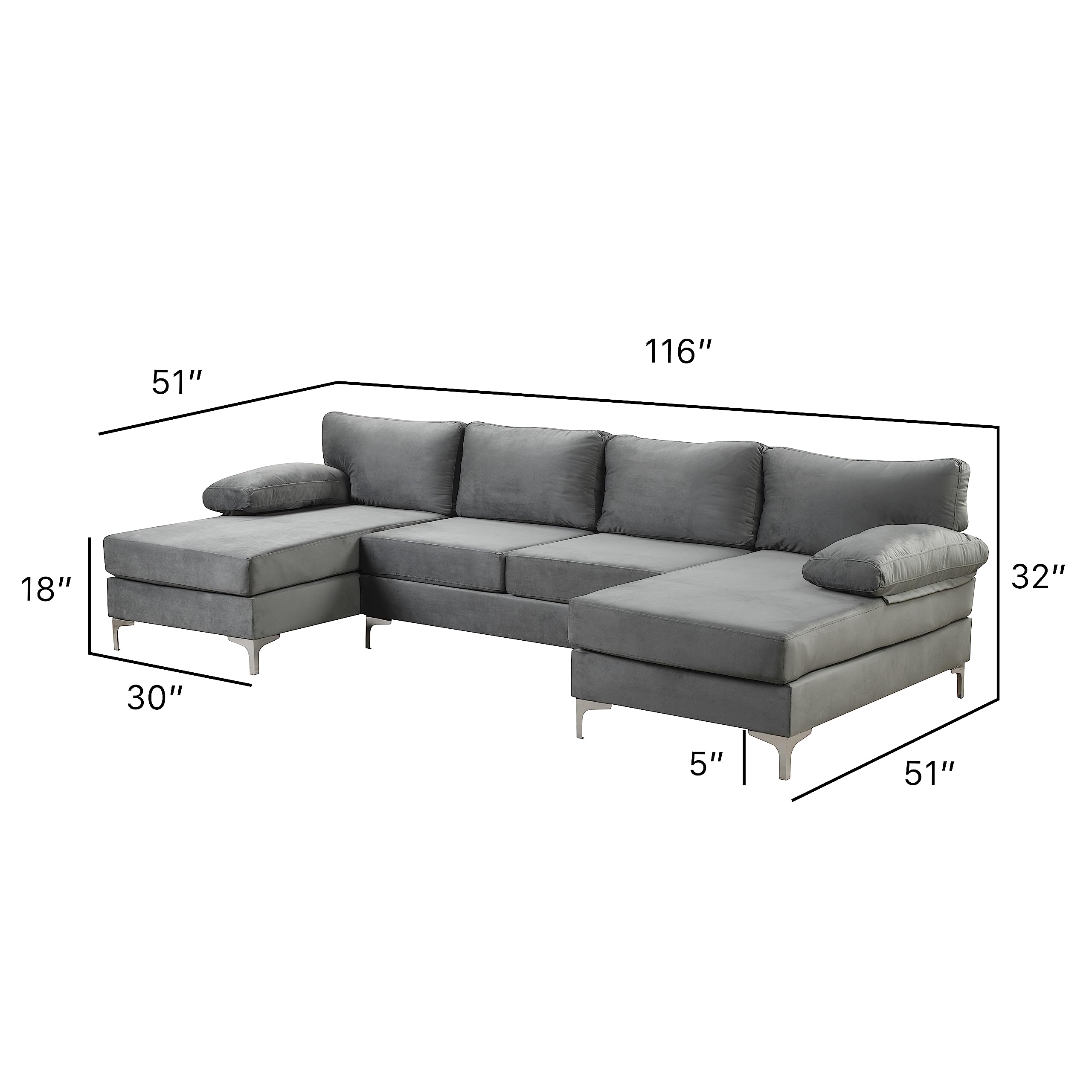 Modern Large Velvet U-Shaped Sectional Sofa with Double Wide Chaise Lounge - Casa Andrea Milano Luxury Fabric Couch for Living Room, Lounge & Home Theater