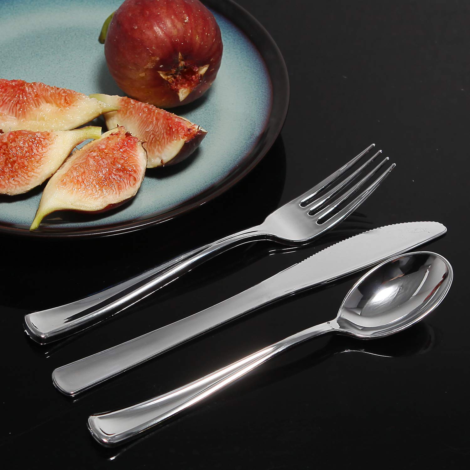 Nervure 300-Piece Silver Plastic Cutlery Set - Heavy Duty Disposable Flatware Includes 100 Forks, 100 Knives, 100 Spoons - Perfect for Parties, Weddings, Catering, Picnics & Outdoor Events