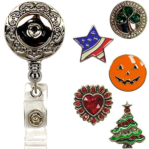 Snap Charm Premium Decorative Badge Reel - Retractable ID Holder with Belt Clip & 5 Snap Charms Jewelry Set | Perfect for Nurses, Teachers, Healthcare Workers & Office Professionals (OH Holiday Collection)