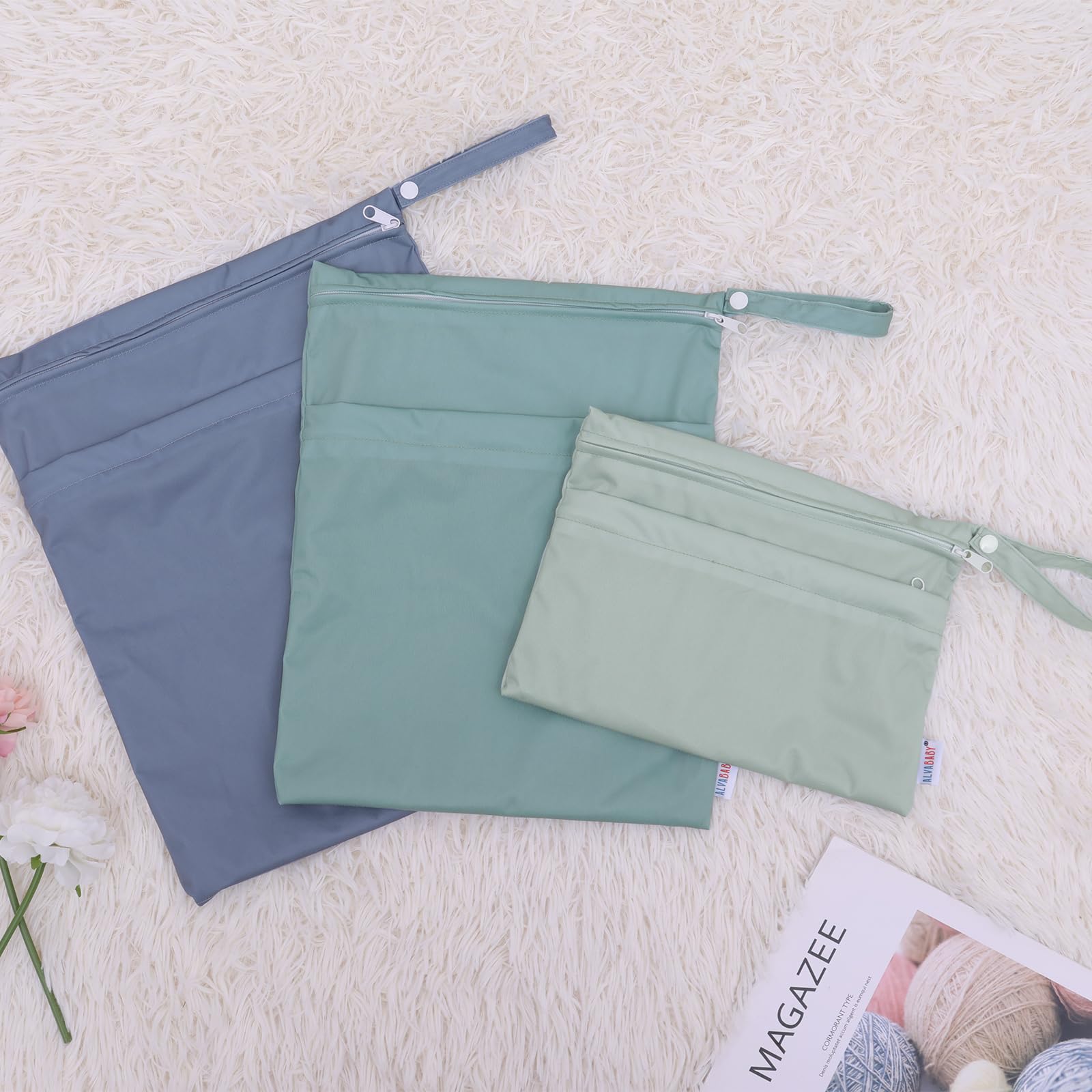 ALVABABY 3 Pack Waterproof Wet Dry Bags - Reusable Cloth Diaper Storage with Dual Zippered Pockets | Travel, Beach, Pool, Daycare Essentials | Perfect for Baby Items, Swimsuits, Gym & Yoga Clothes (Small/Medium/Large 3L-SML04)