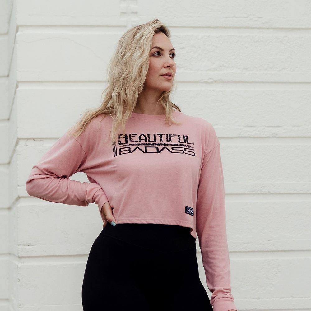 Stylish Women's Badass Long Sleeve Cropped T-Shirt in Desert Pink - Perfect for Casual Outfits, Streetwear & Instagram Fashion