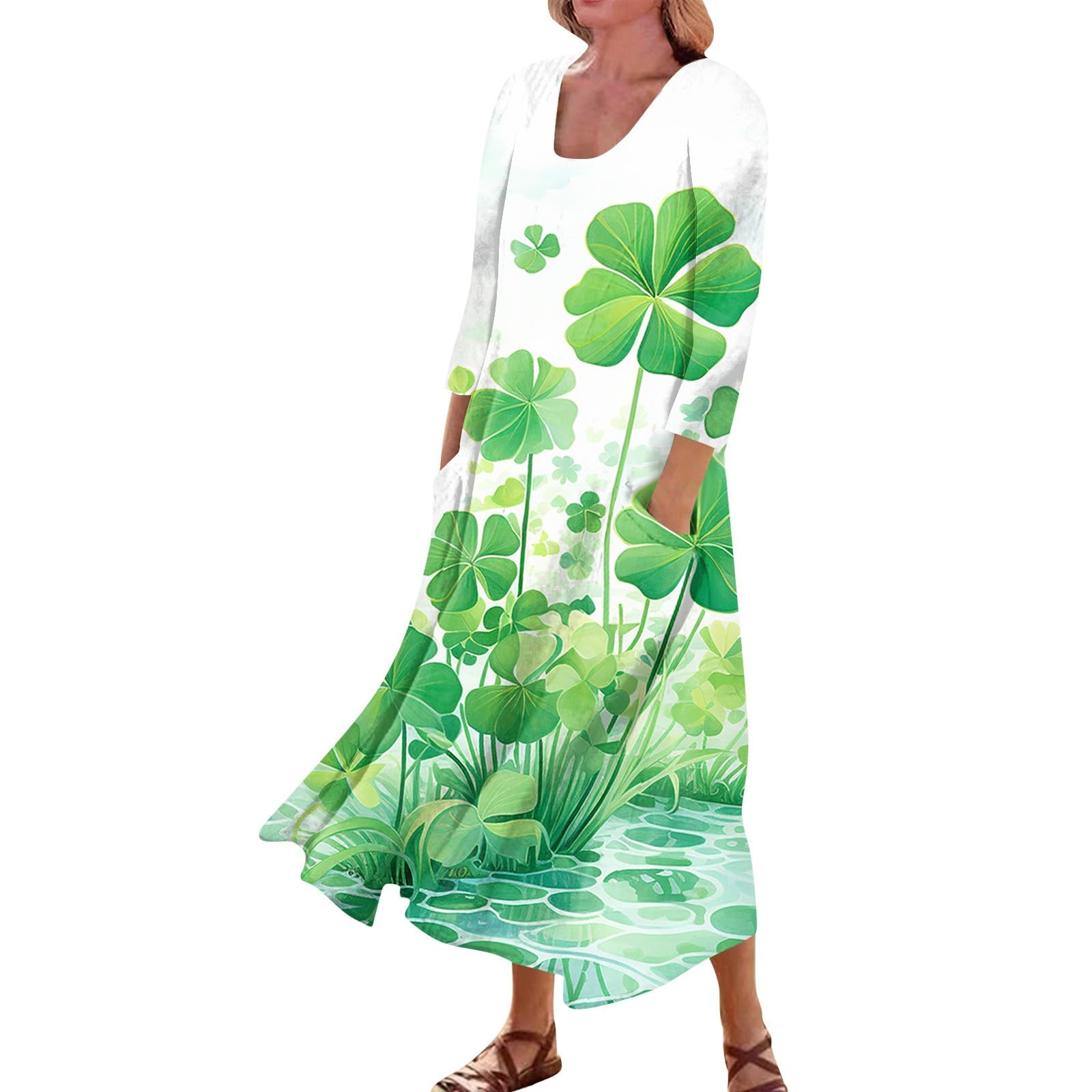 Stylish 3/4 Sleeve St. Patrick's Day T-Shirt Dress for Women - Comfortable O-Neck Maternity Nightgown with Pockets to Hide Belly | Perfect for Holiday Parties, Casual Wear & Pregnancy Comfort