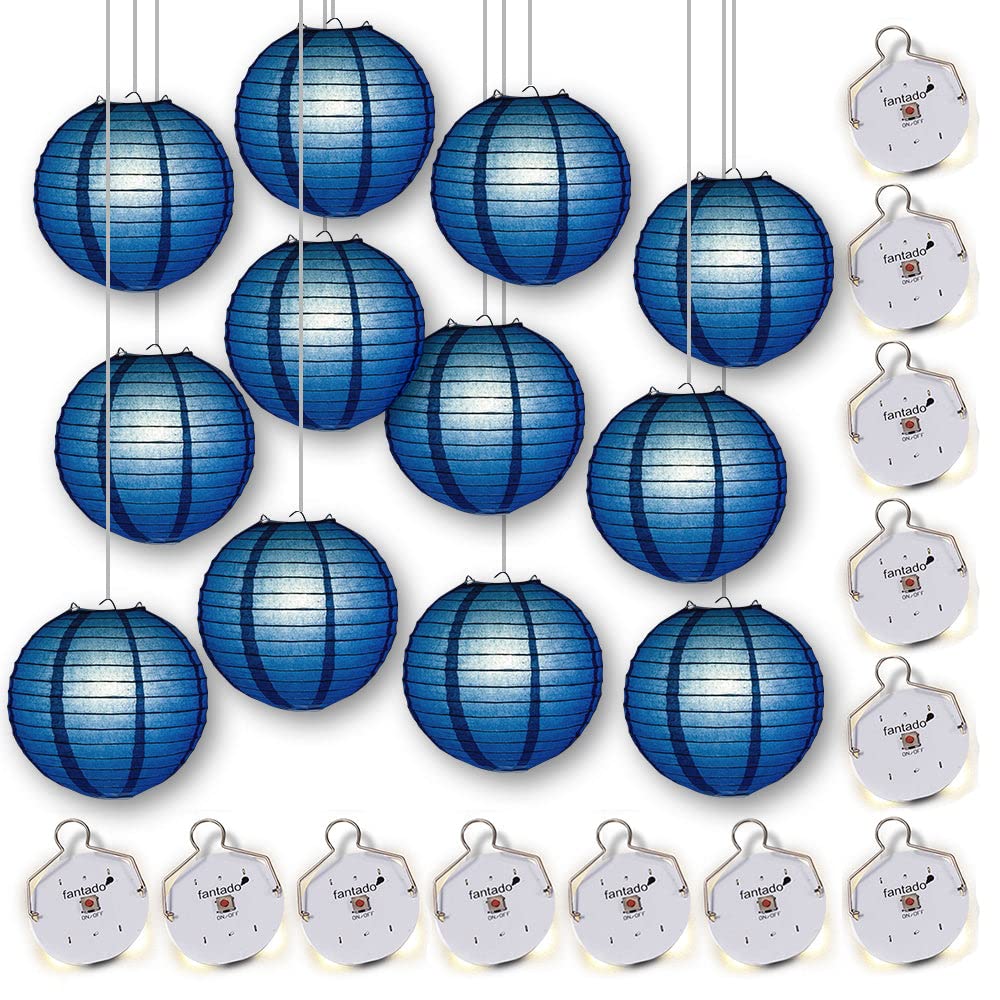MoonBright 10 Inch Navy Blue Paper Lanterns with Energy Efficient LED Lights - 12 Pack Party Decorations for Weddings, Baby Showers & Outdoor Events