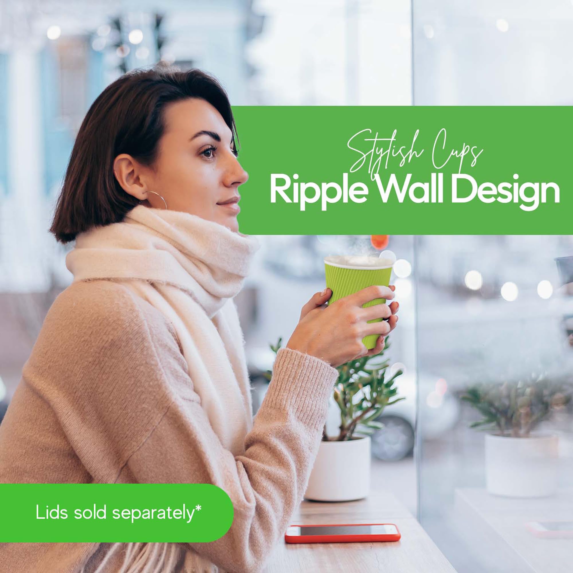 12oz Disposable Coffee Cups - 500 Pack Eco-Friendly Ripple Wall Hot Cups for Coffee, Tea & Hot Beverages | Rolled Rim, Insulated Paper Cups | Lids Sold Separately | Perfect for Cafes, Offices & Events