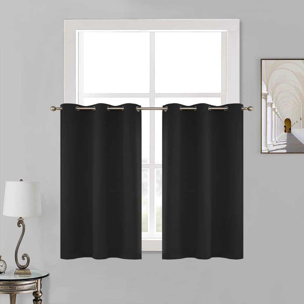 Blackout Window Curtains 34x45 Inches - Black Small Half Curtains with Ring Top for Kitchen, Bathroom, Basement - Light Blocking, Thermal Insulated, Noise Reducing - Set of 2 Panels - Perfect for Privacy & Room Darkening