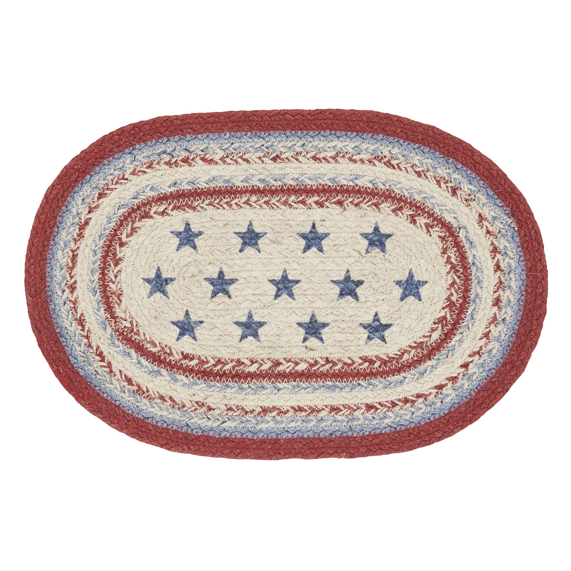 VHC Brands Braided Jute Oval Placemat - Red Creme Blue 10x15 - Eco-Friendly Dining Table Mat for Thanksgiving, Christmas & Holiday Decor