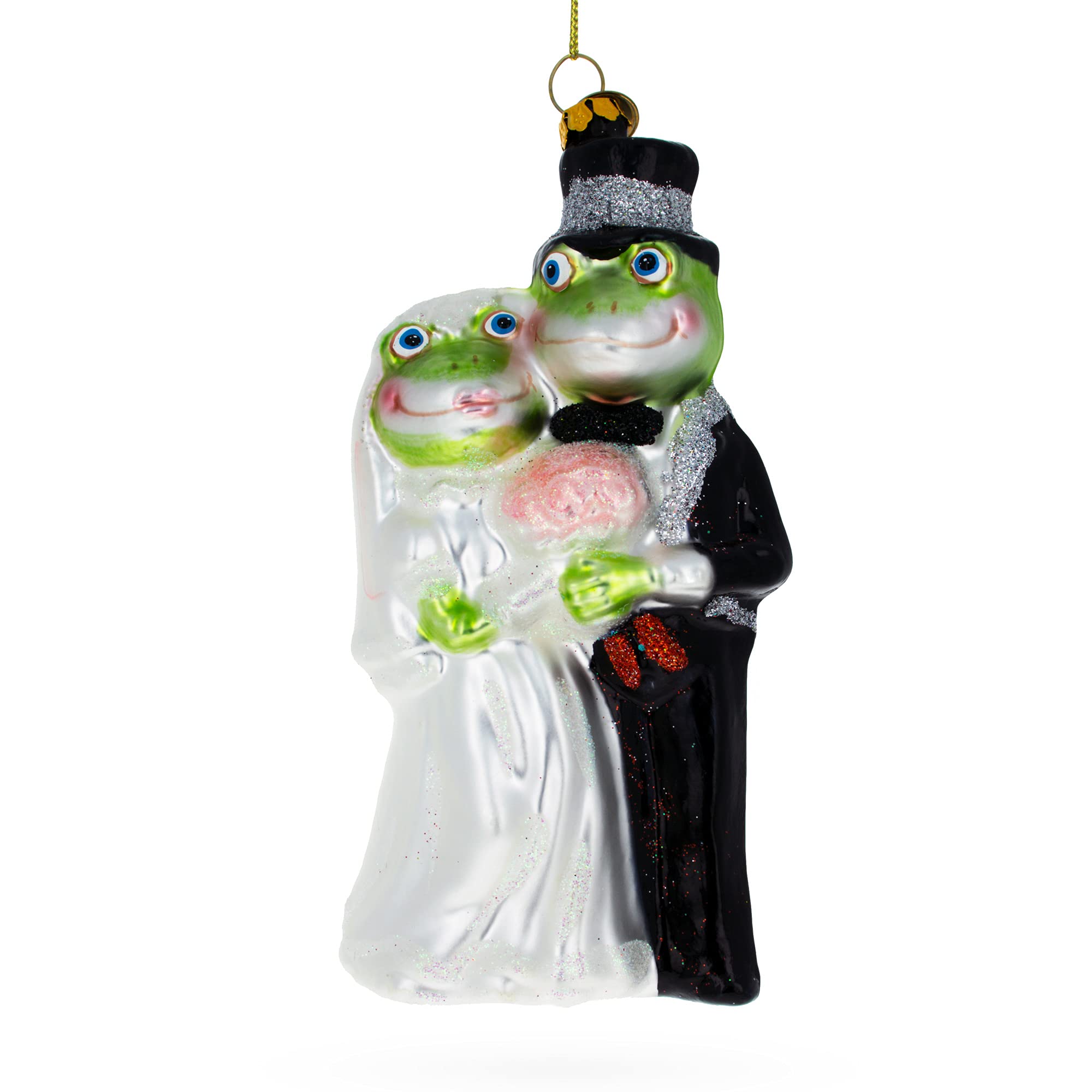 Enchanting Frog Bride and Groom Glass Christmas Ornament - Handmade Holiday Decoration for Tree, Gift, and Winter Wedding Decor