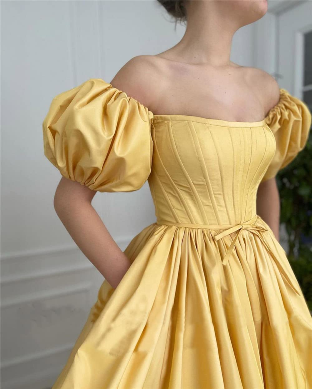 Emanni Women's Satin Formal Evening Dress with Puff Sleeves & Pockets - Elegant Short Prom Gown in Yellow for Cocktail Parties, Weddings & Special Occasions