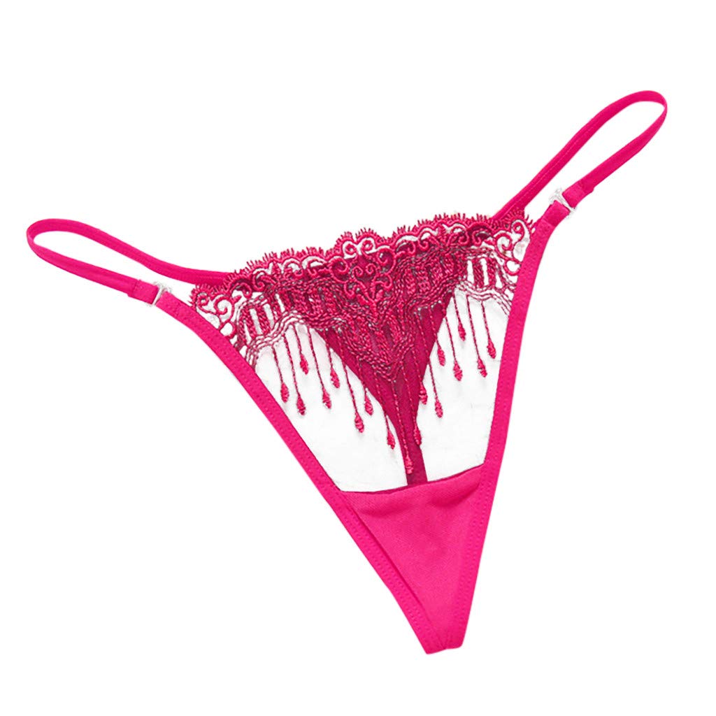Sheer Low-Rise Thong Underwear for Women - Transparent Embroidered Lace Lingerie Set (Hot Pink, One Size) | Sexy Boudoir Wear for Date Night & Special Occasions