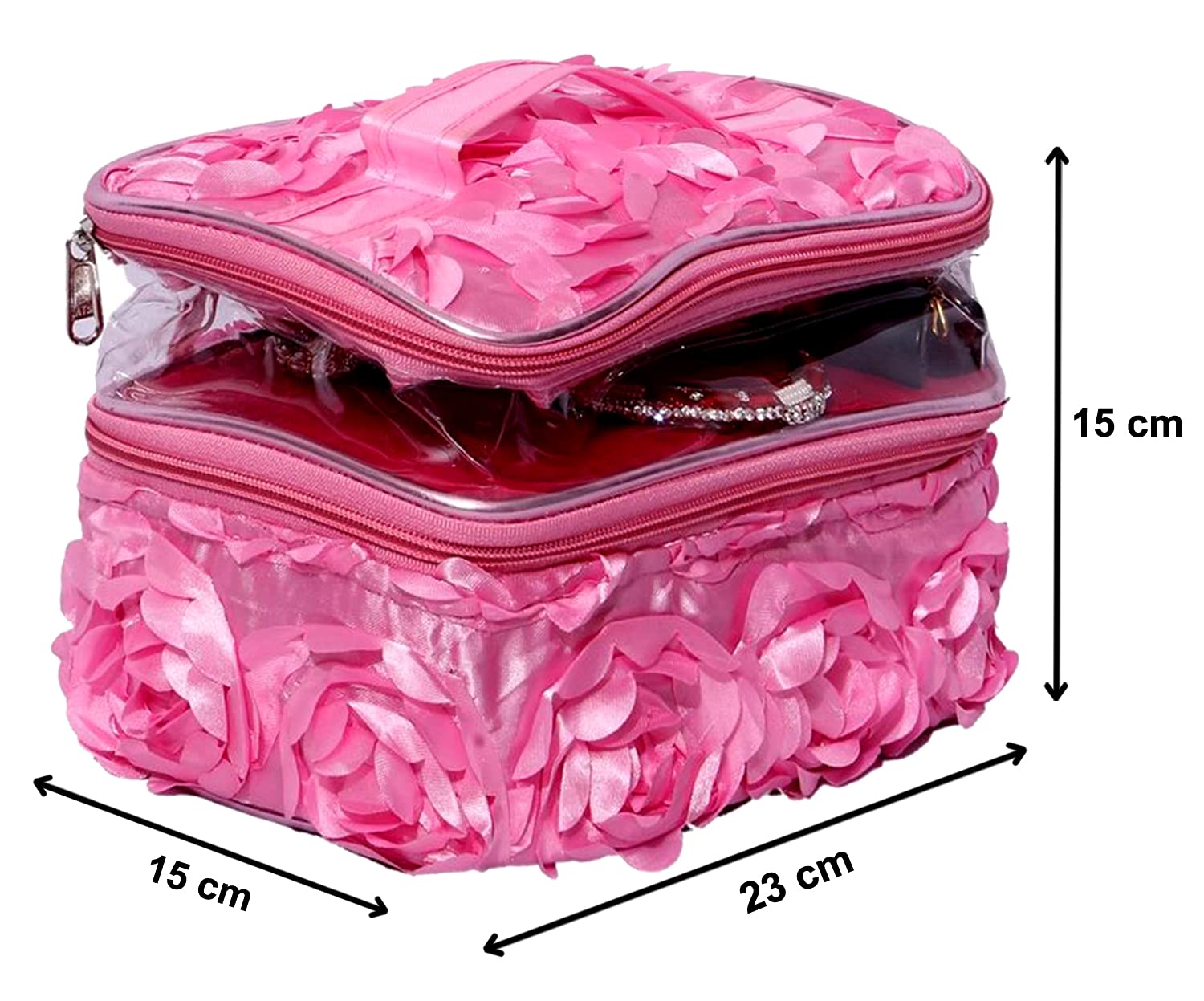 Kuber Industries Double Layer Clear Makeup Bag with Flower Design - Large Cosmetic Organizer & Travel Toiletry Bag for Women & Girls (Pink) - Perfect for Travel, Gym, and Daily Beauty Storage