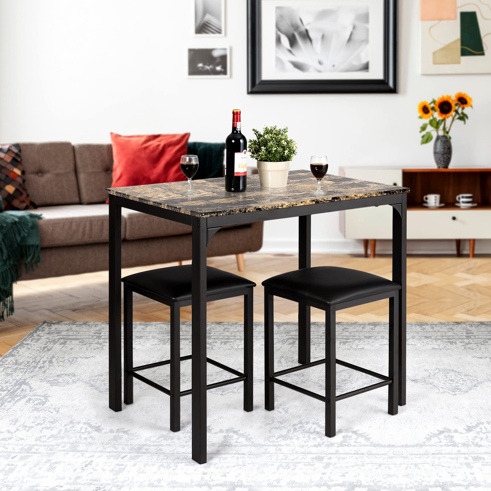 Casart 3-Piece Faux Marble Dining Table Set with 2 Stools - Modern Kitchen & Bar Counter Height Table for Small Spaces, Breakfast Nook, Apartment, Condo - Easy Assembly & Durable Design