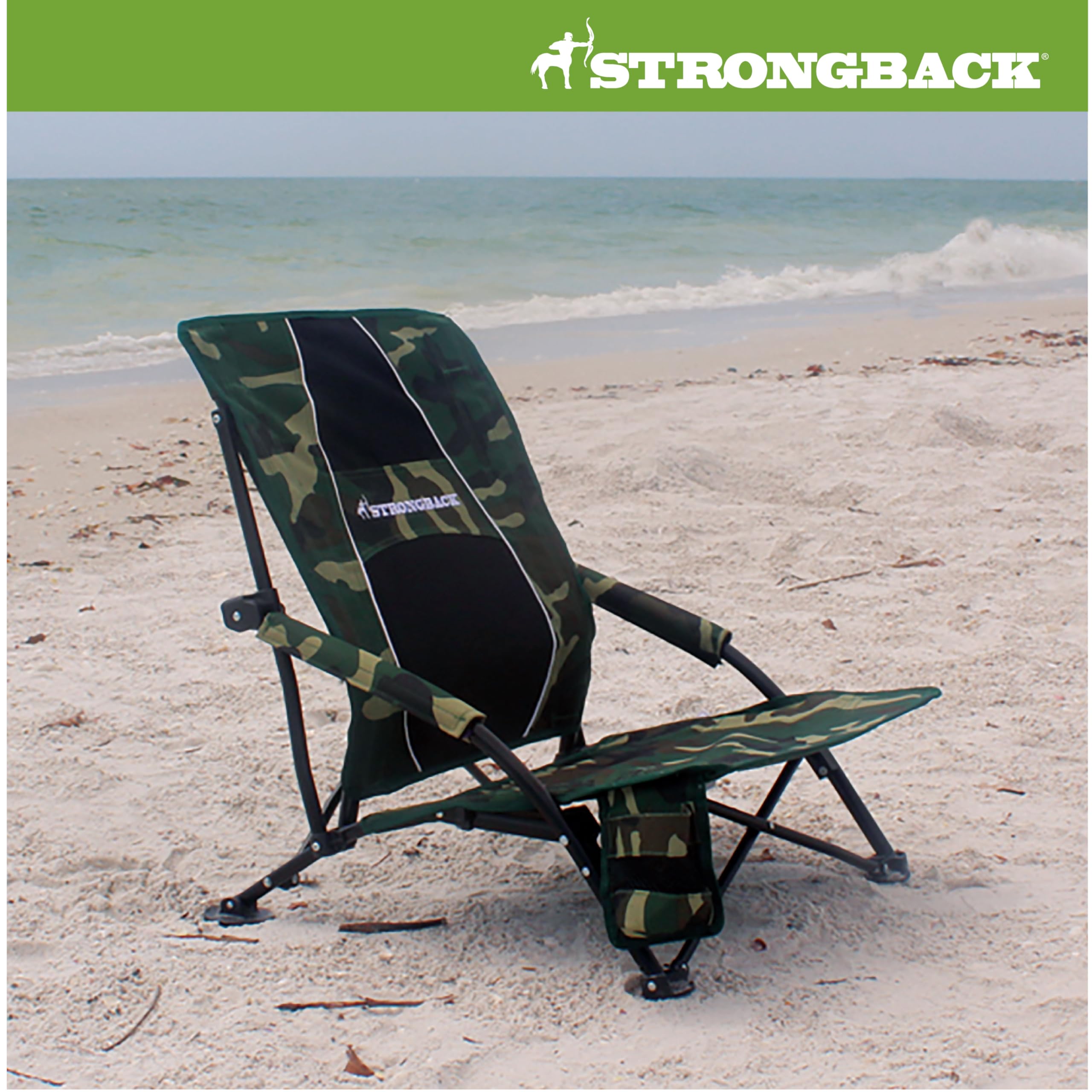 STRONGBACK Low Gravity Beach Chair with Built-in Lumbar Support - Heavy Duty Portable Folding Chair for Adults - Camouflage Design - Perfect for Beach, Camping, Backyard & Outdoor Relaxation