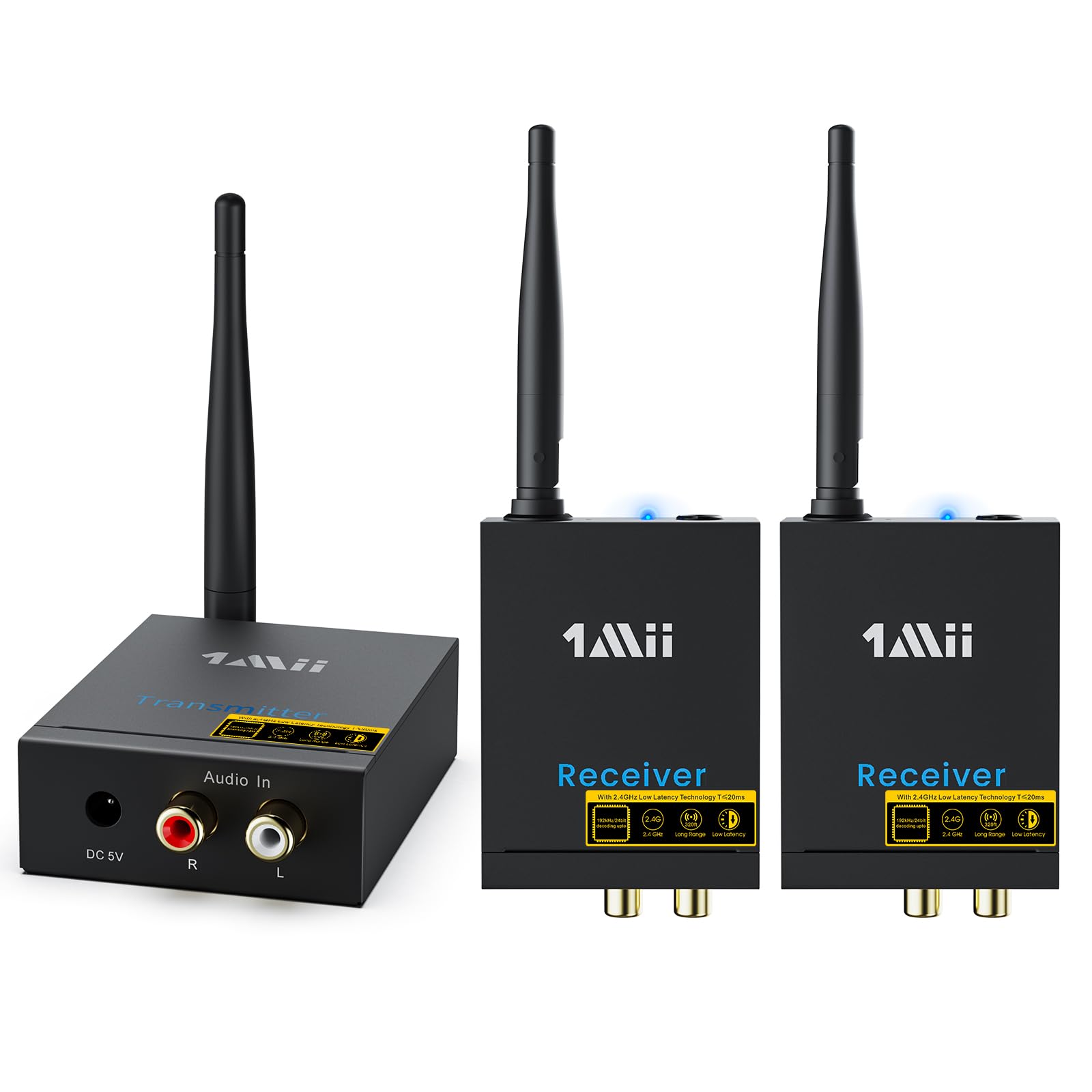 1Mii 3-in-1 2.4GHz Wireless Audio Transmitter & Receiver for TV - Ultra Low Latency 20ms, 320ft Range RCA Wireless Adapter for Subwoofer, PC, CD Player - Includes 2 Receivers for Dual Speaker Setup - Perfect for Home Theater, Gaming & Music Streaming