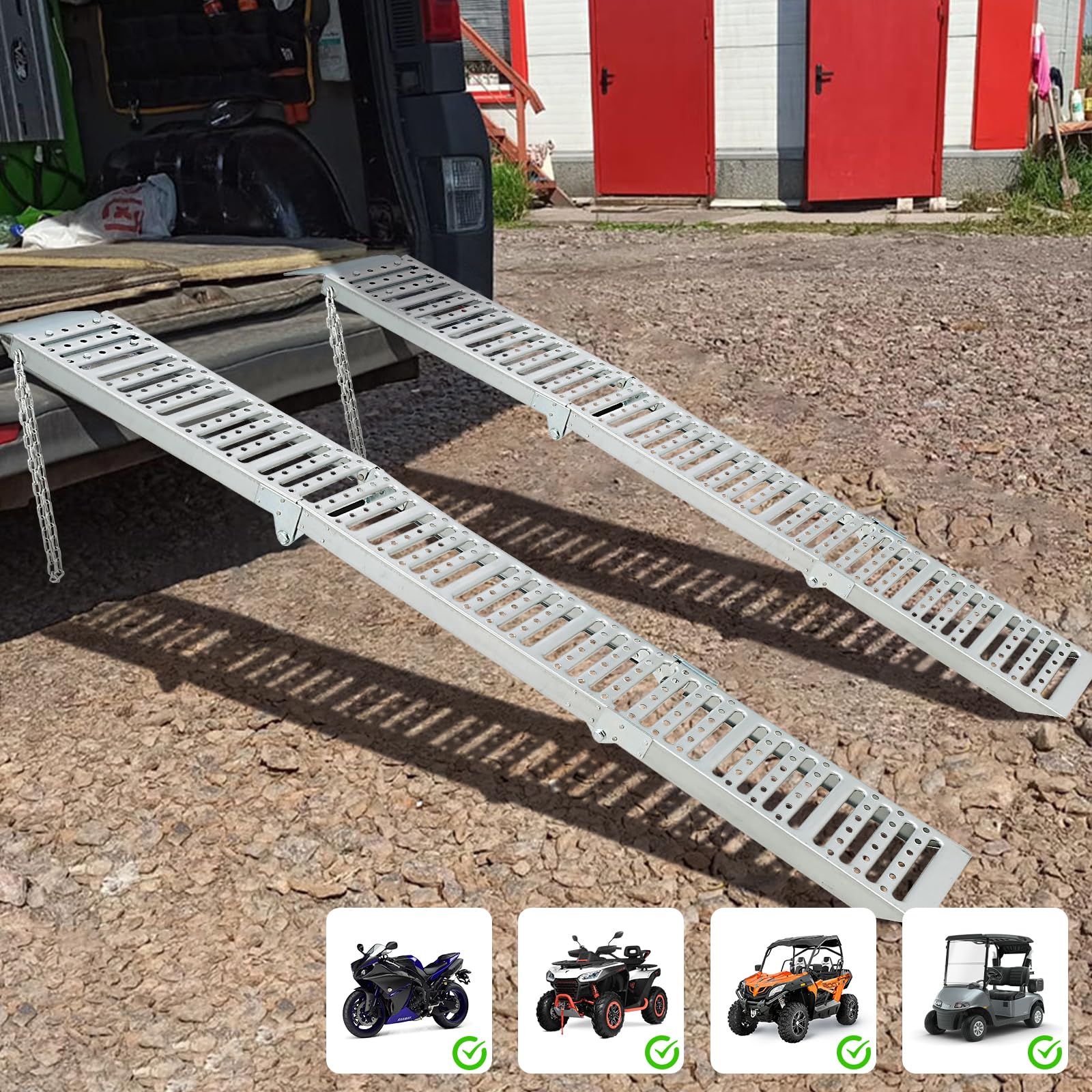 GARVEE 1500Lbs Capacity 2-Piece Tri-Fold Loading Ramps - Heavy Duty Steel Folding Trailer Ramps for ATV, UTV, Motorcycle, Lawn Mower, Tractor & Pickup Truck - Silver | Perfect for Garage, Warehouse & Off-Road Vehicle Loading