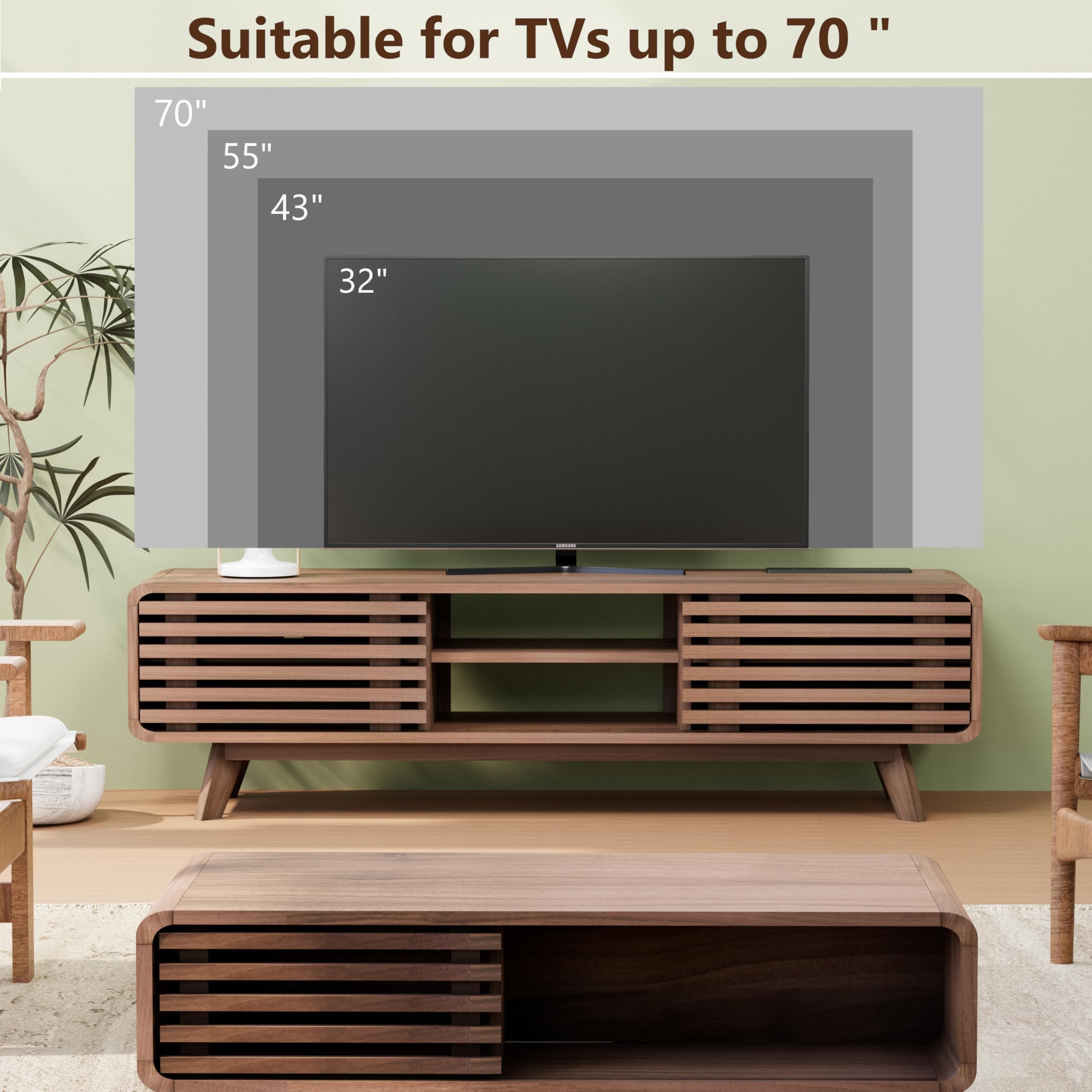 Modern TV Stand for Living Room - Large Entertainment Center with Slatted Sliding Doors, Open Shelves & Built-in Power Outlet - Rustic Reddish Brown Media Console Cabinet - Perfect for Home Theater Setup & Living Room Organization