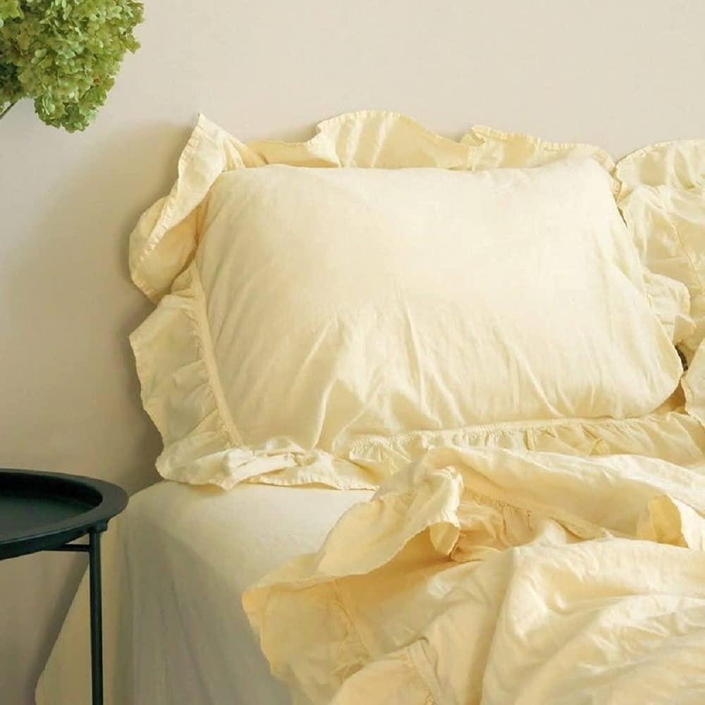 Pastel Yellow Ruffled Duvet Cover Set - Queen/Twin/King Size Bedding | Soft Custard Yellow Comforter Cover | Perfect for Boho Bedroom, Guest Room & Nursery Decor