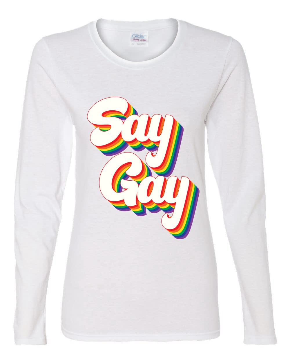Retro Vintage Rainbow LGBT Pride Graphic Long Sleeve T-Shirt for Women - Say Gay LGBTQ+ Ally Apparel for Pride Month, Parades & Everyday Wear