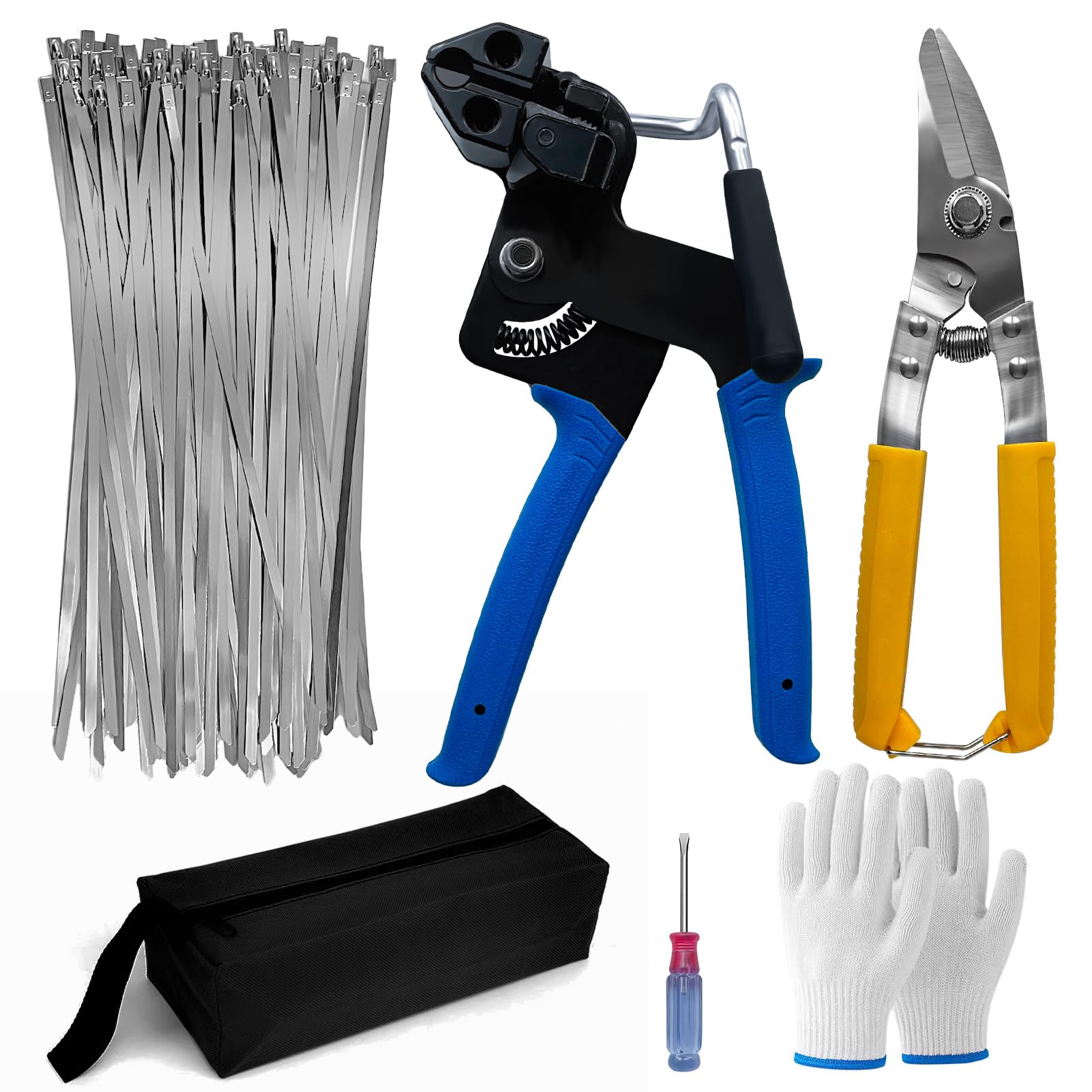 Metal Zip Ties Tool Gun - One Hand Operation Stainless Steel Cable Tie Gun for Fastening & Cutting, Includes 100pcs Heavy Duty Self-Locking Metal Zip Ties - Perfect for Outdoor Use, Construction, HVAC, and Electrical Work