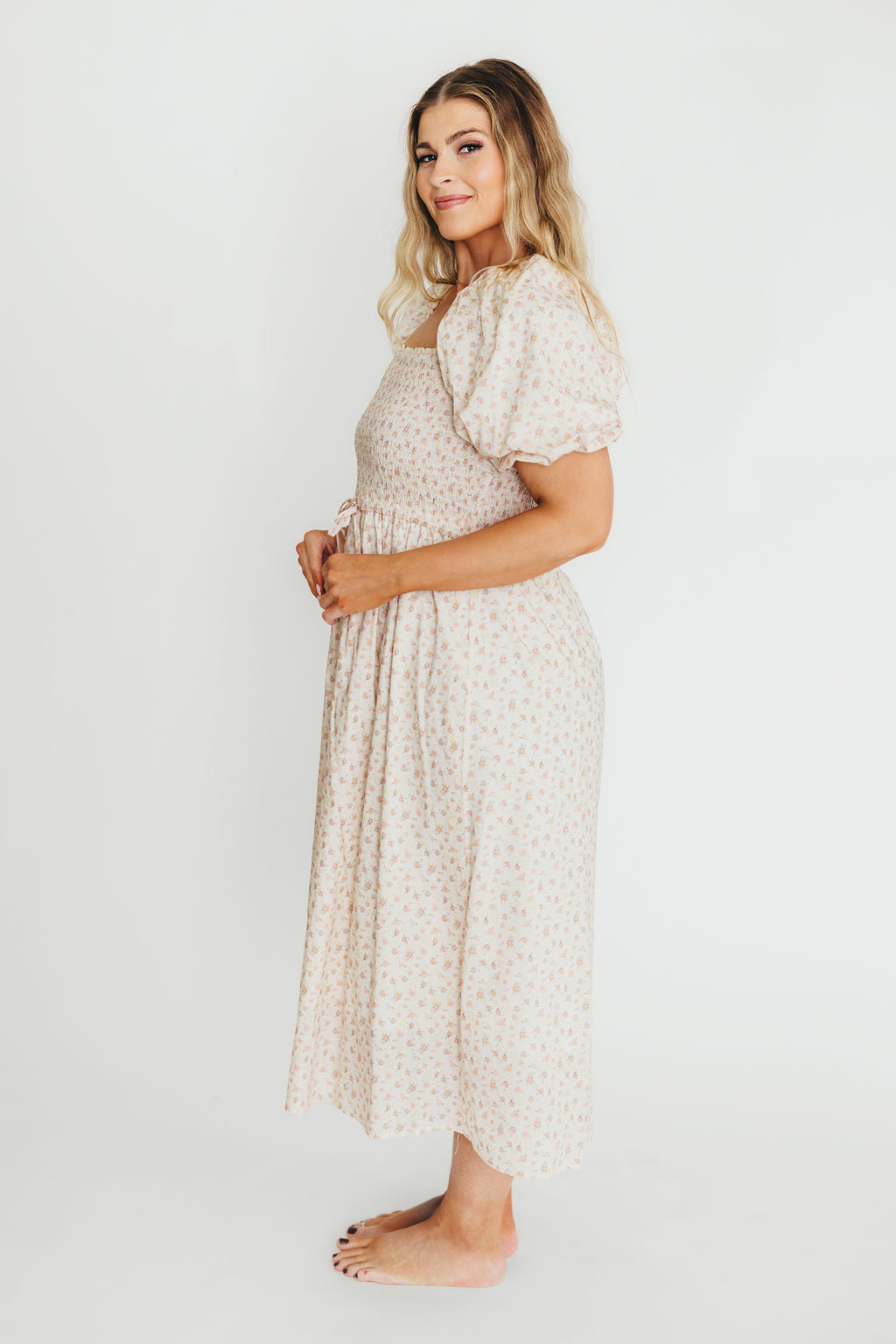 Maeve Women's 100% Cotton Puff Sleeve Midi Dress - Dainty Pink Floral Print | Casual Summer Dress for Beach, Garden Parties & Date Nights