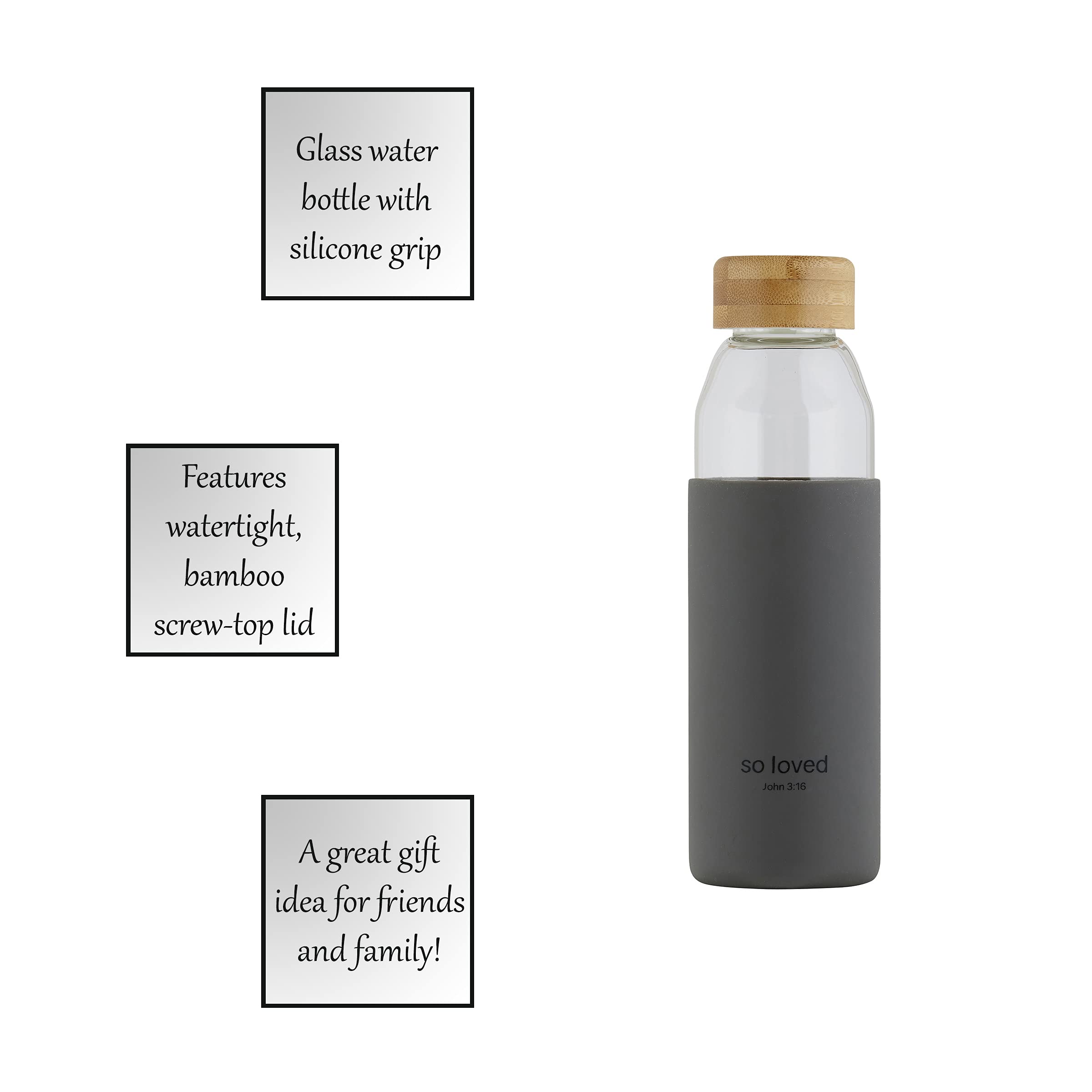 Creative Brands 18-Ounce Glass Water Bottle with Silicone Grip & Bamboo Lid - Inspirational Scripture Design - Perfect for Gym, Office & Outdoor Activities